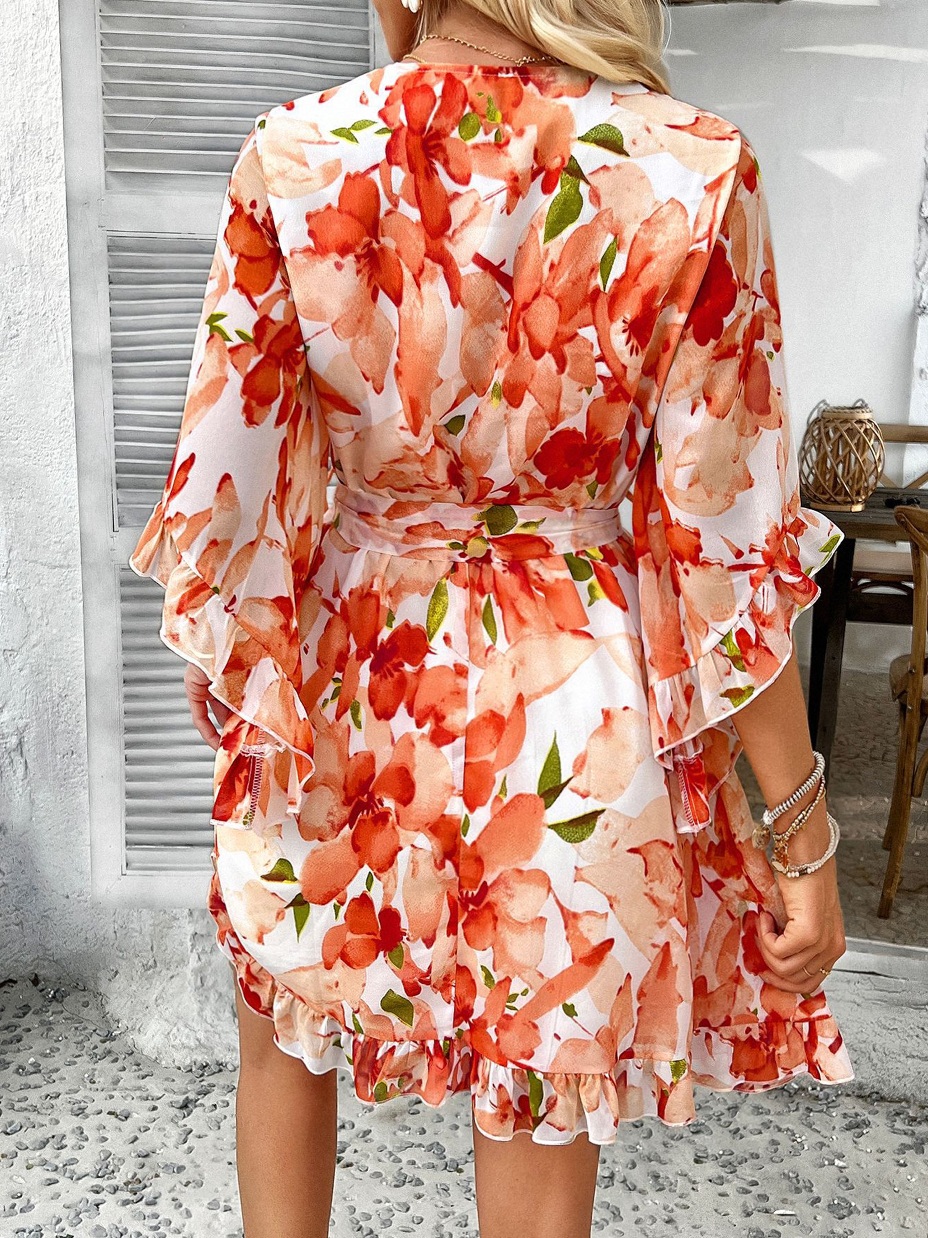 Robe en Orange Noeud Papillon Col V Manches Mi-Longue à Volants Robe Invitée de Mariage