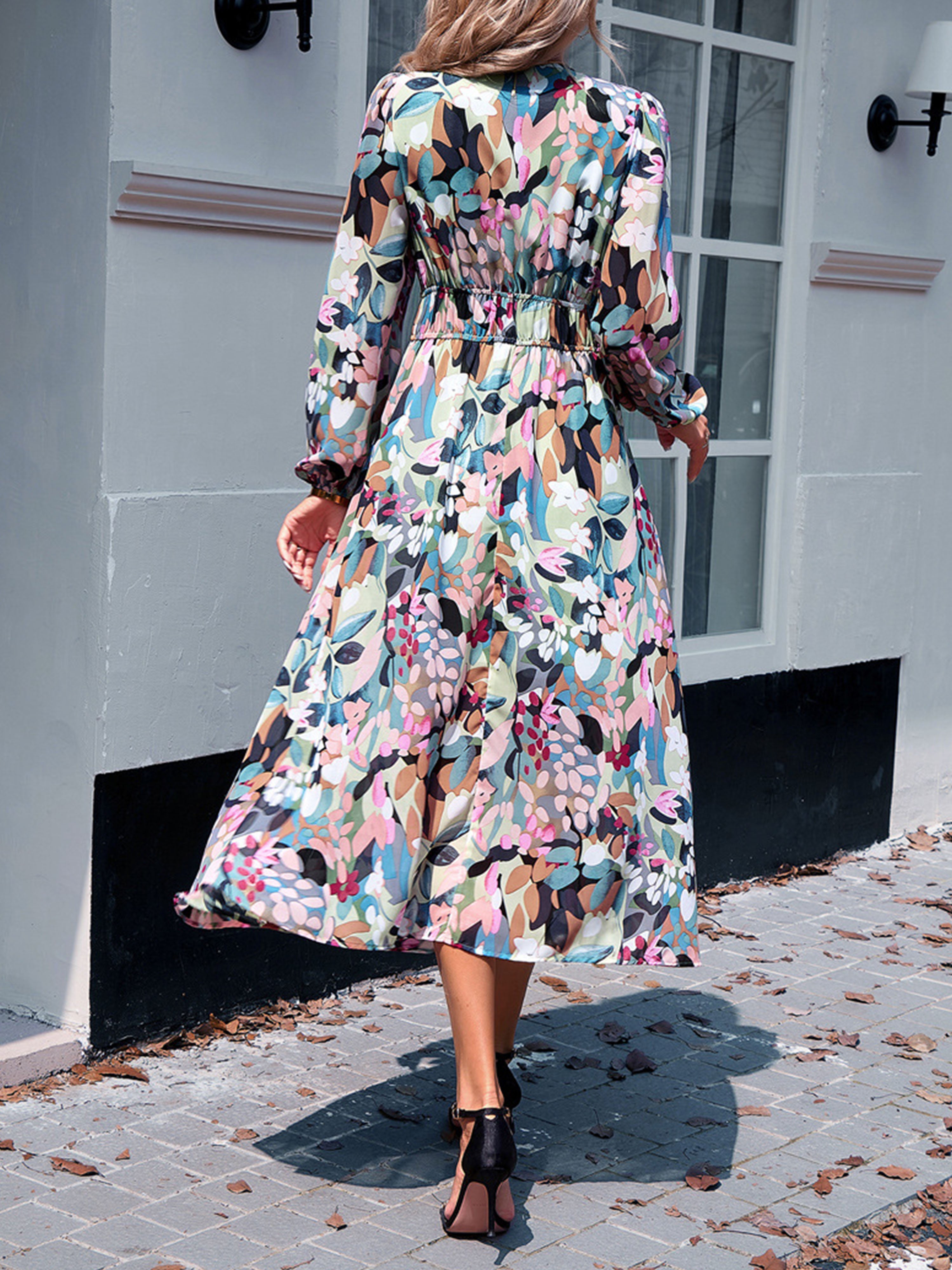 Robe Florale en Vert Trapèze Col V Manches Longues Robe Invitée de Mariage