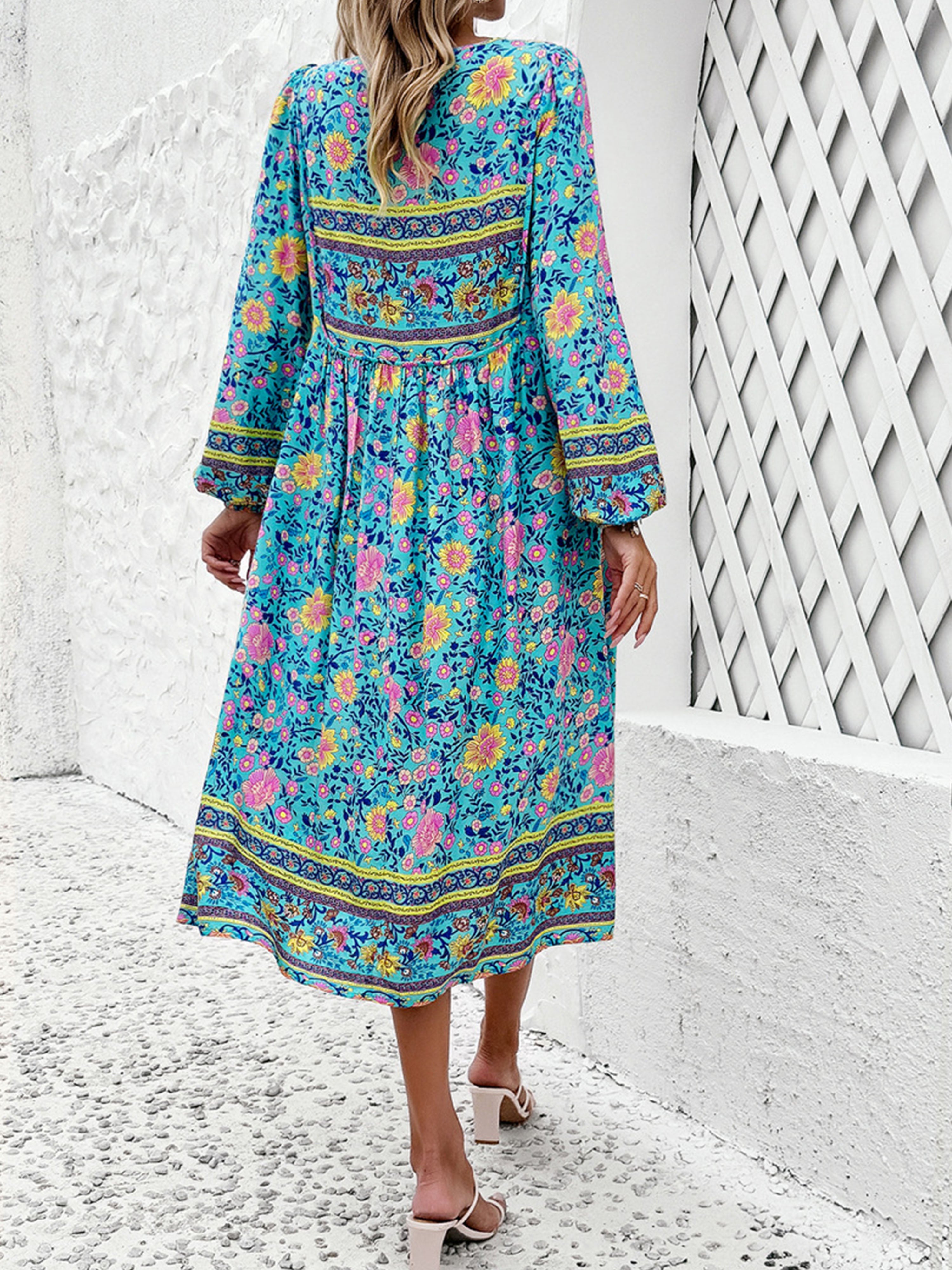 Robe Invitée de Mariage BLEU Robe bohème mariage invité Col V Manches longues