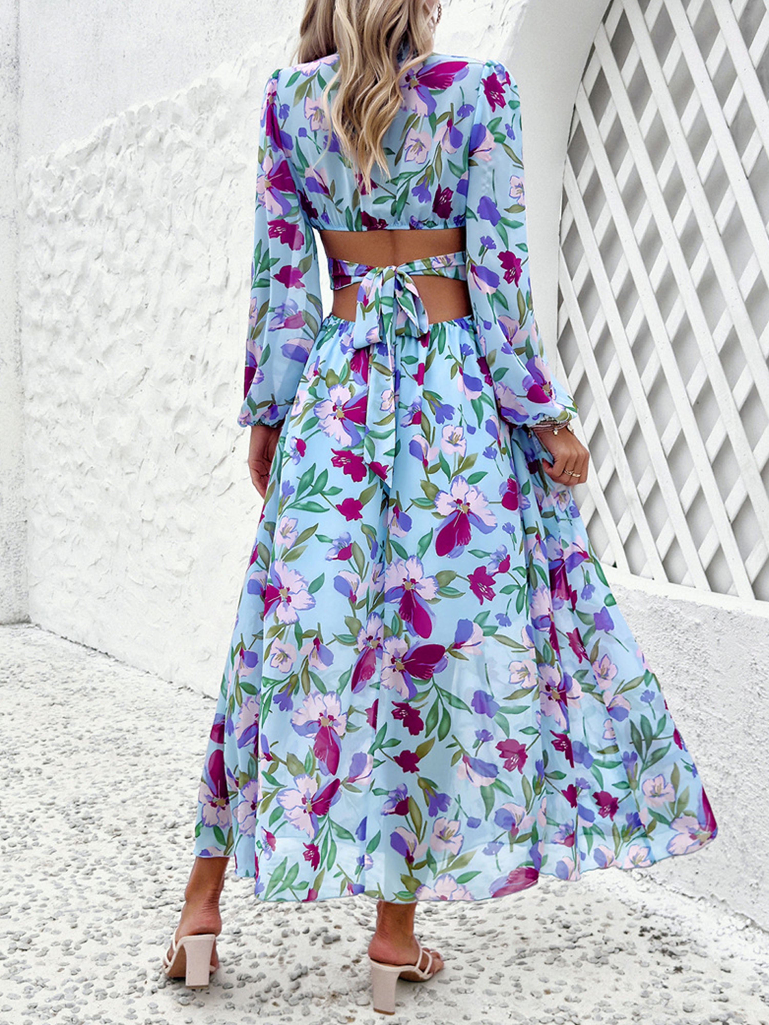 Robe Invitée de Mariage BLEU_CIEL Florale Robe bohème Col V Manches longues