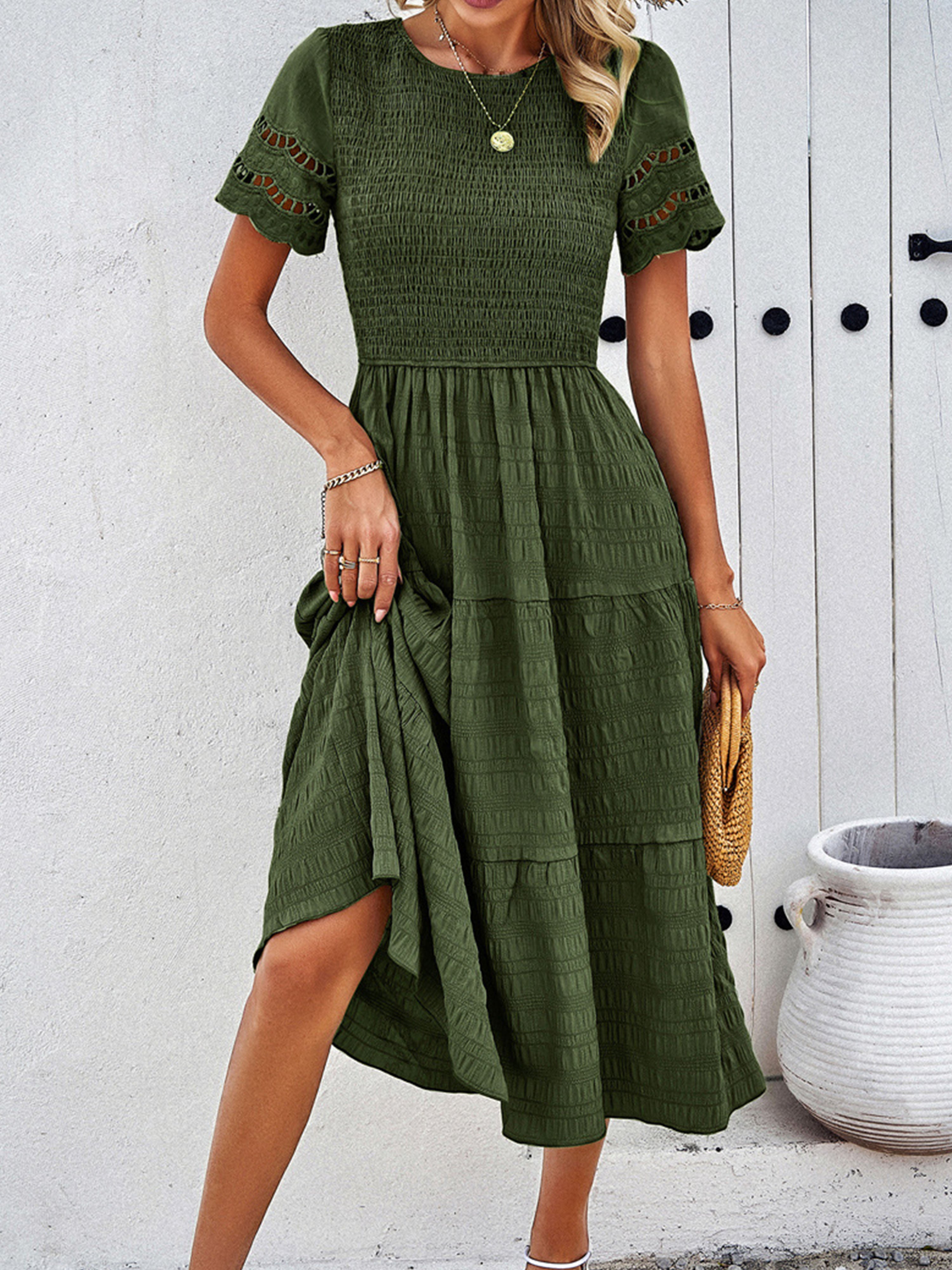 Robe en Vert Mousse Col Rond Manches Courtes Trapèze Robe Invitée de Mariage