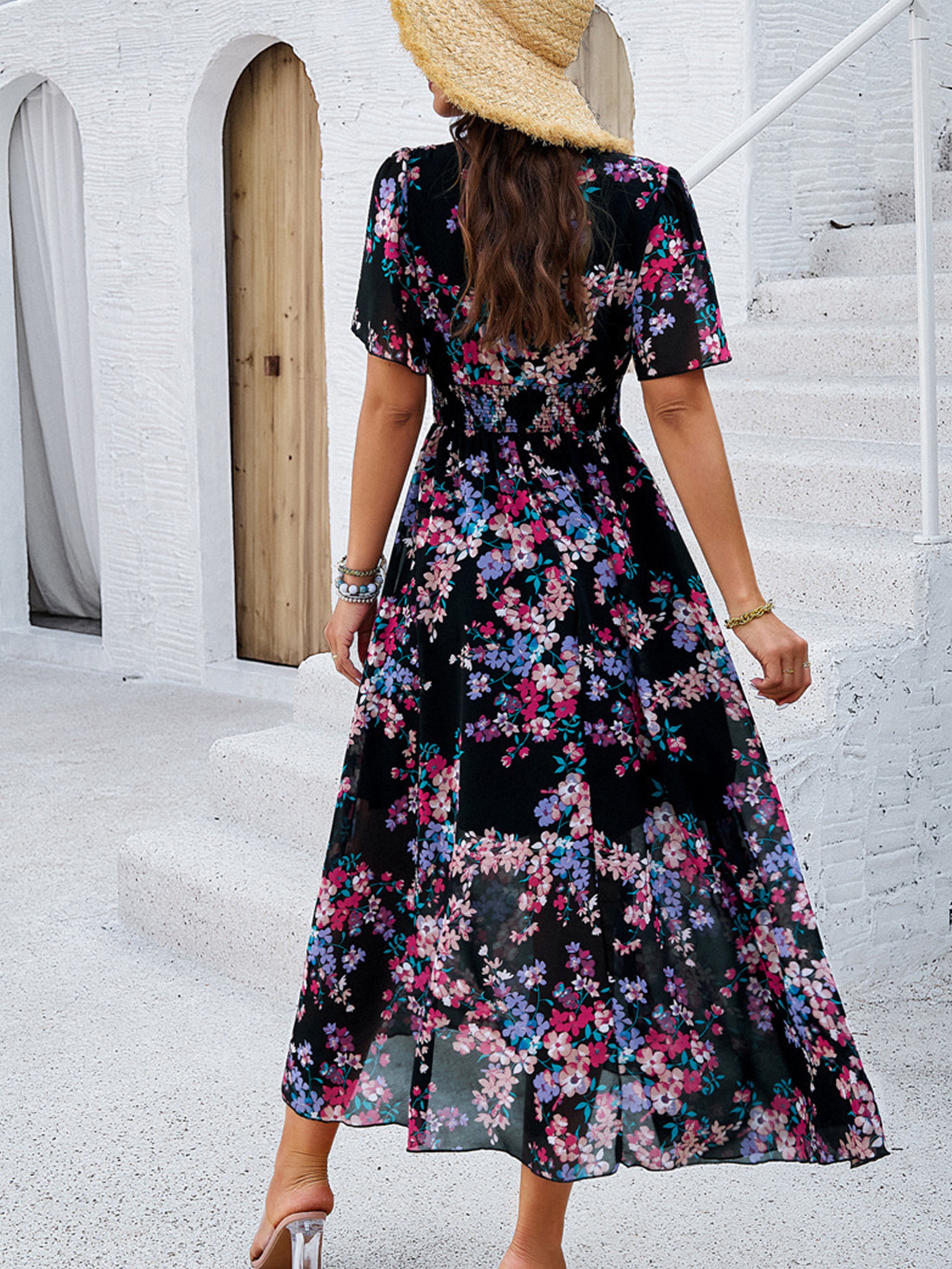 Robe en Noir Trapèze Col V Manches Mi-Longue Robe Invitée de Mariage