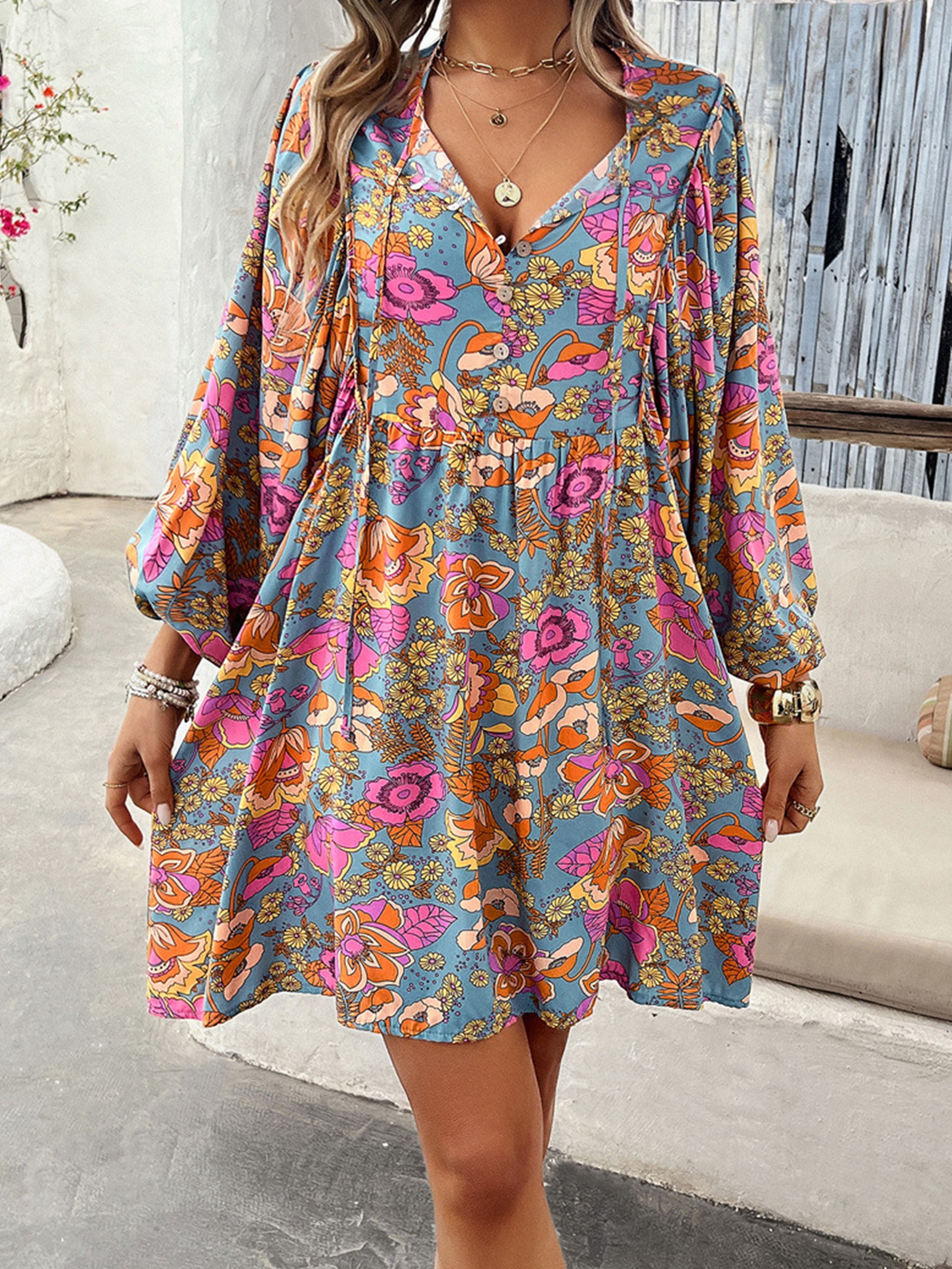 Décontracté Robe Invitée de Mariage Bleu Florale Col V Manches Longues