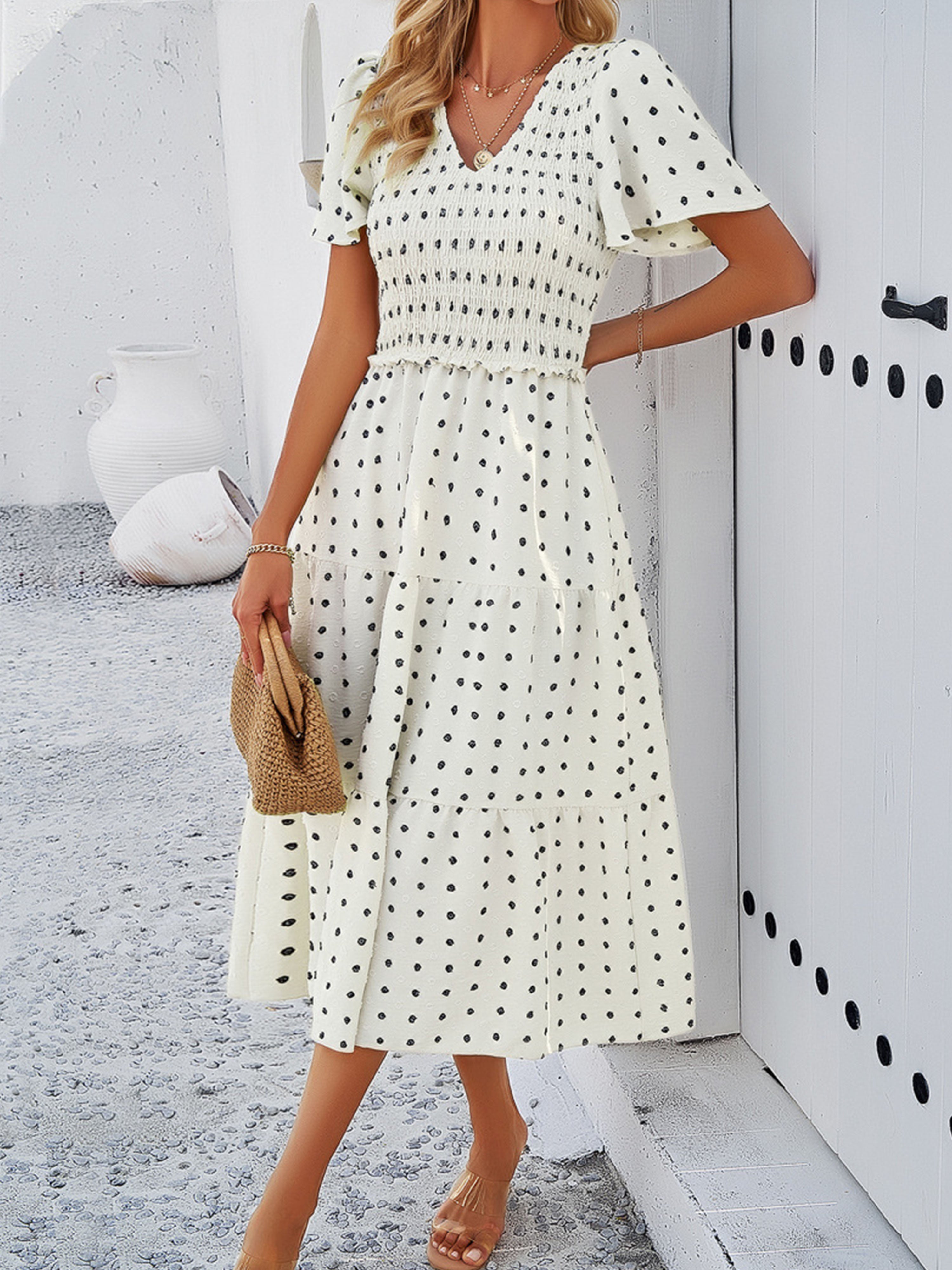 Robe Invitée de Mariage Blanc Robe à Pois Mi-longue Col V Manches Courtes