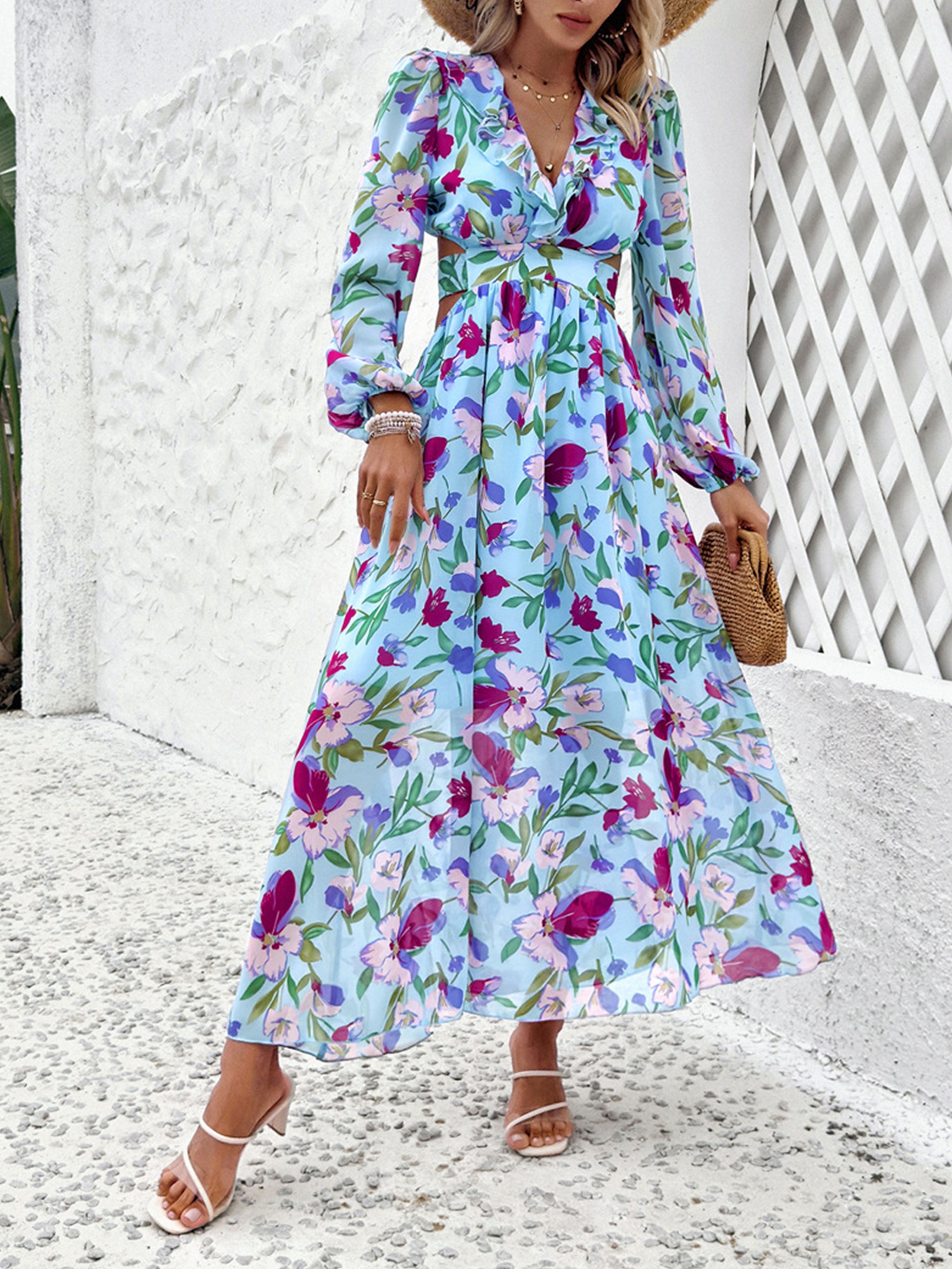 Robe Invitée de Mariage BLEU_CIEL Florale Robe bohème Col V Manches longues