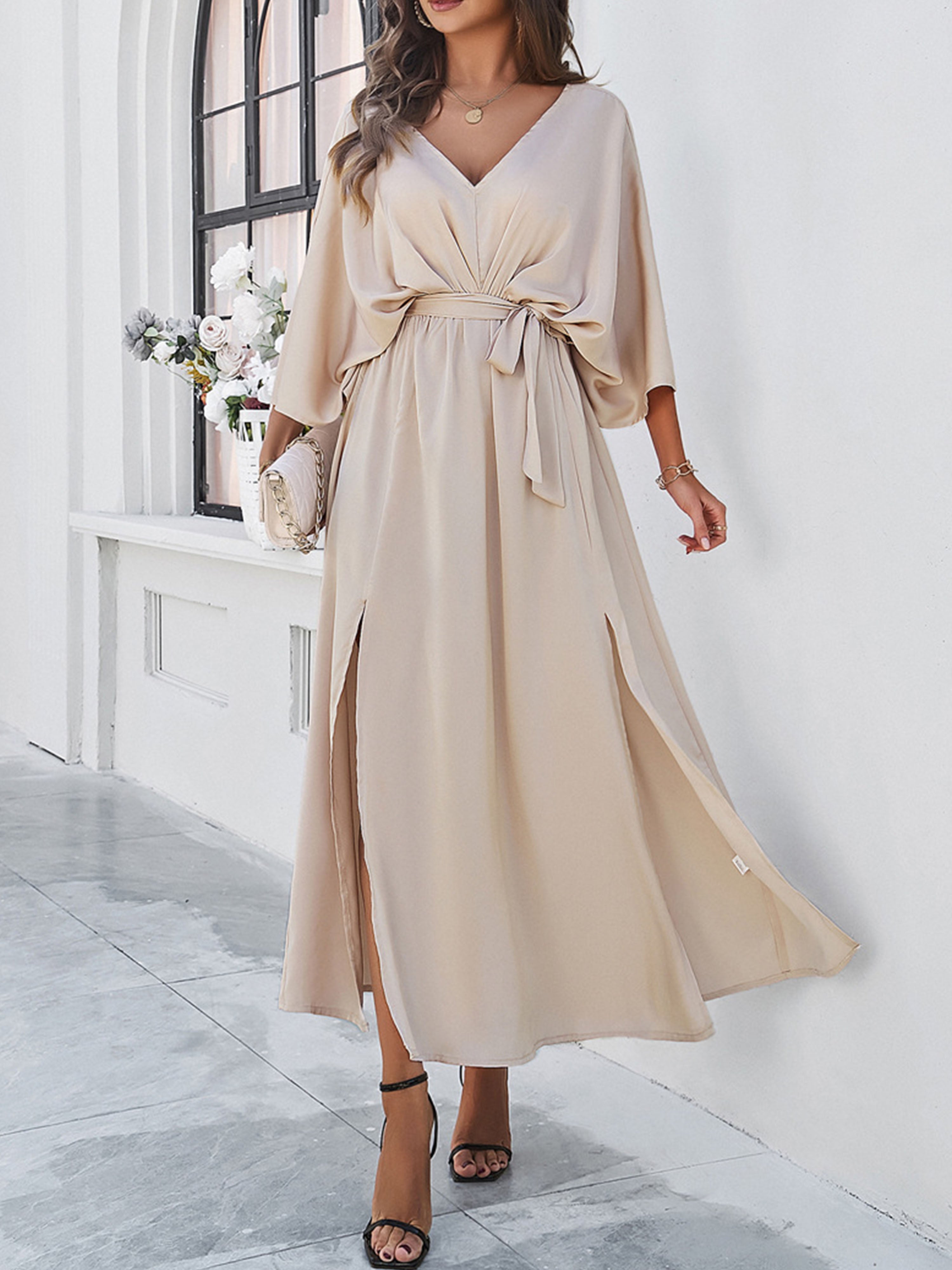 Elégante Robe Invitée de Mariage CHAMPAGNE Col V 3/4 Manches avec Ceinture