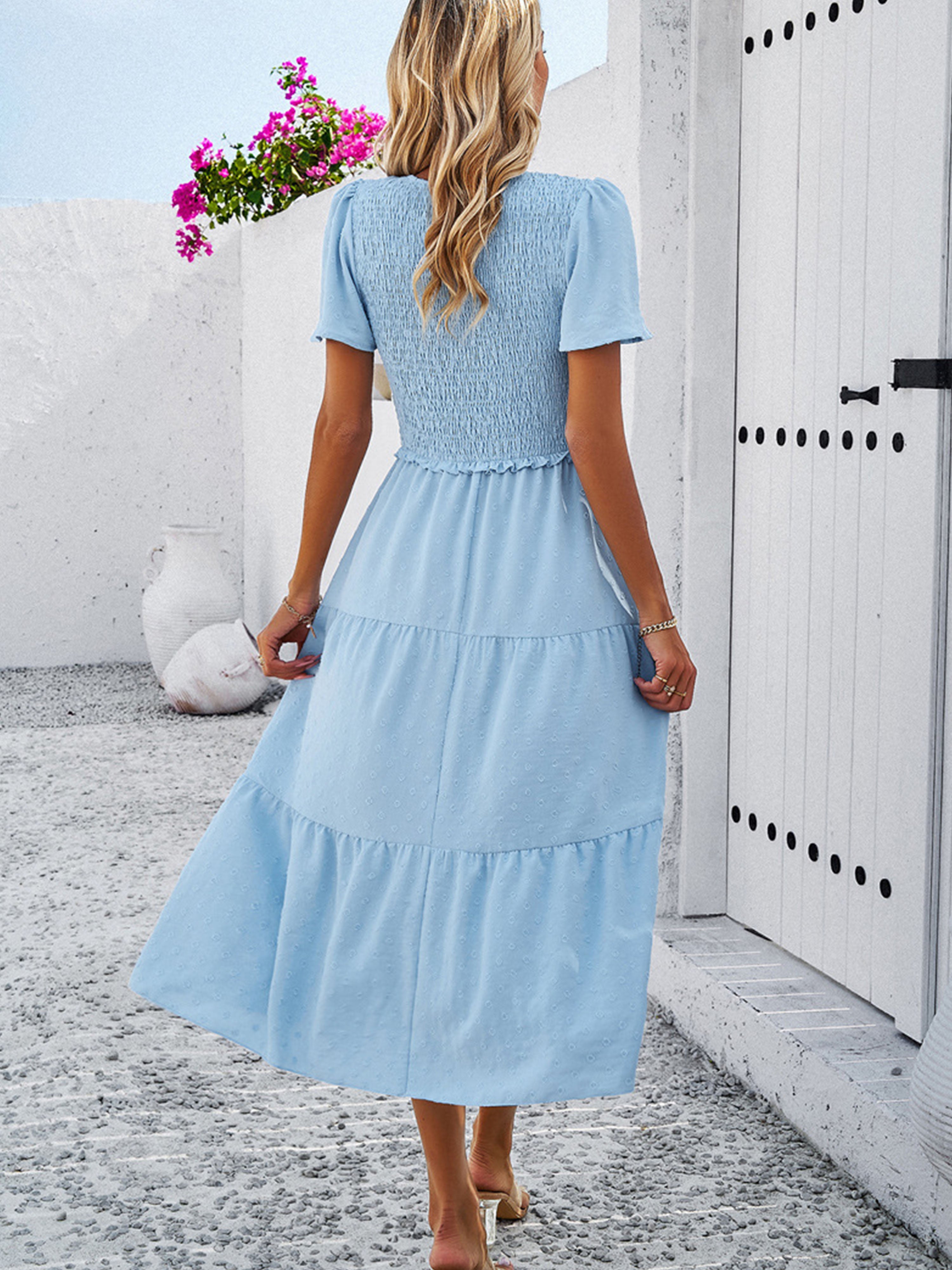 Robe Invitée de Mariage BLEU CIEL Robe à Pois Mi-longue Col V Manches Courtes