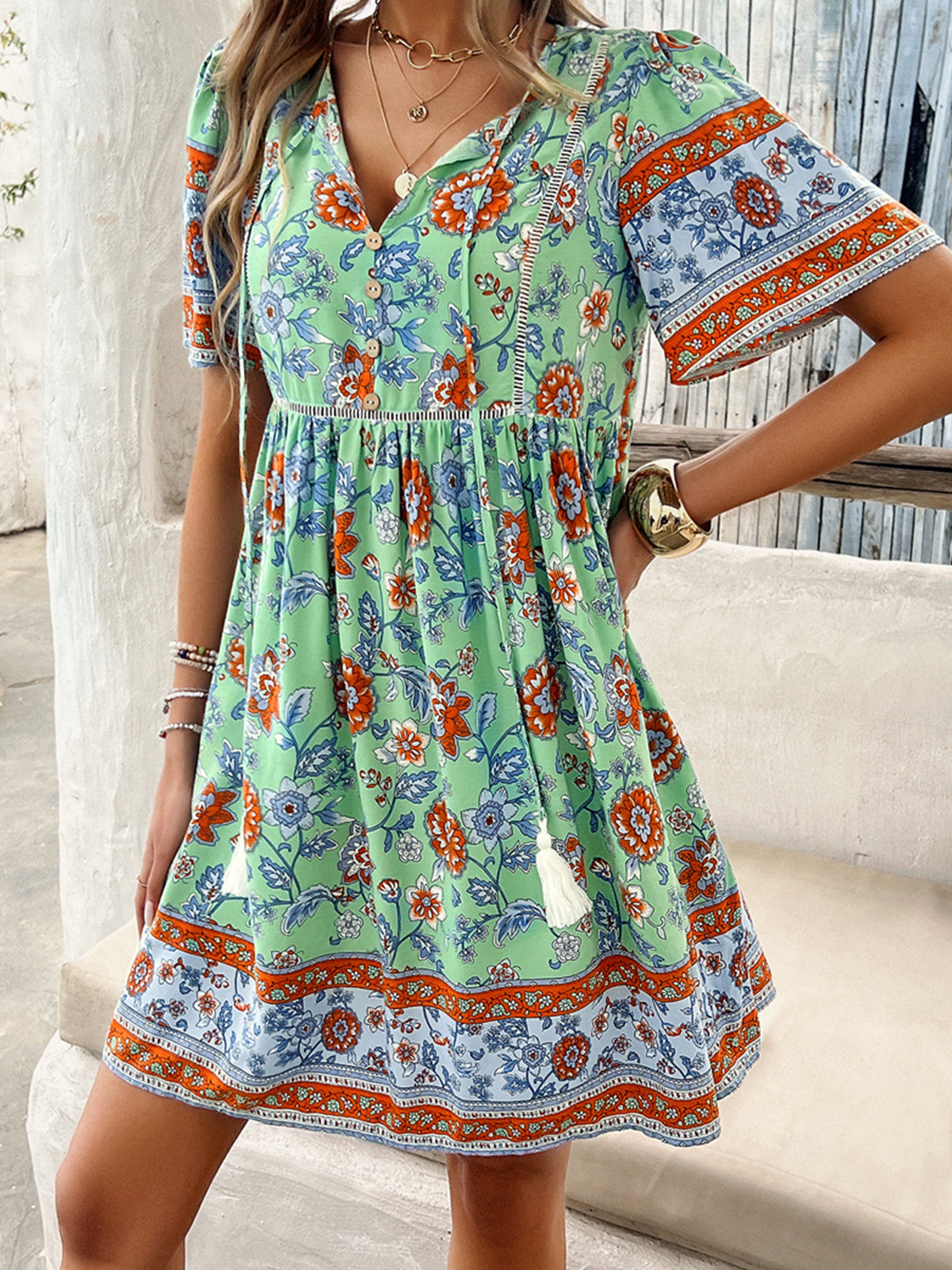Robe Bohème Invitée Mariage Vert Menthe Coupe A Encolure en V à Manches Courtes