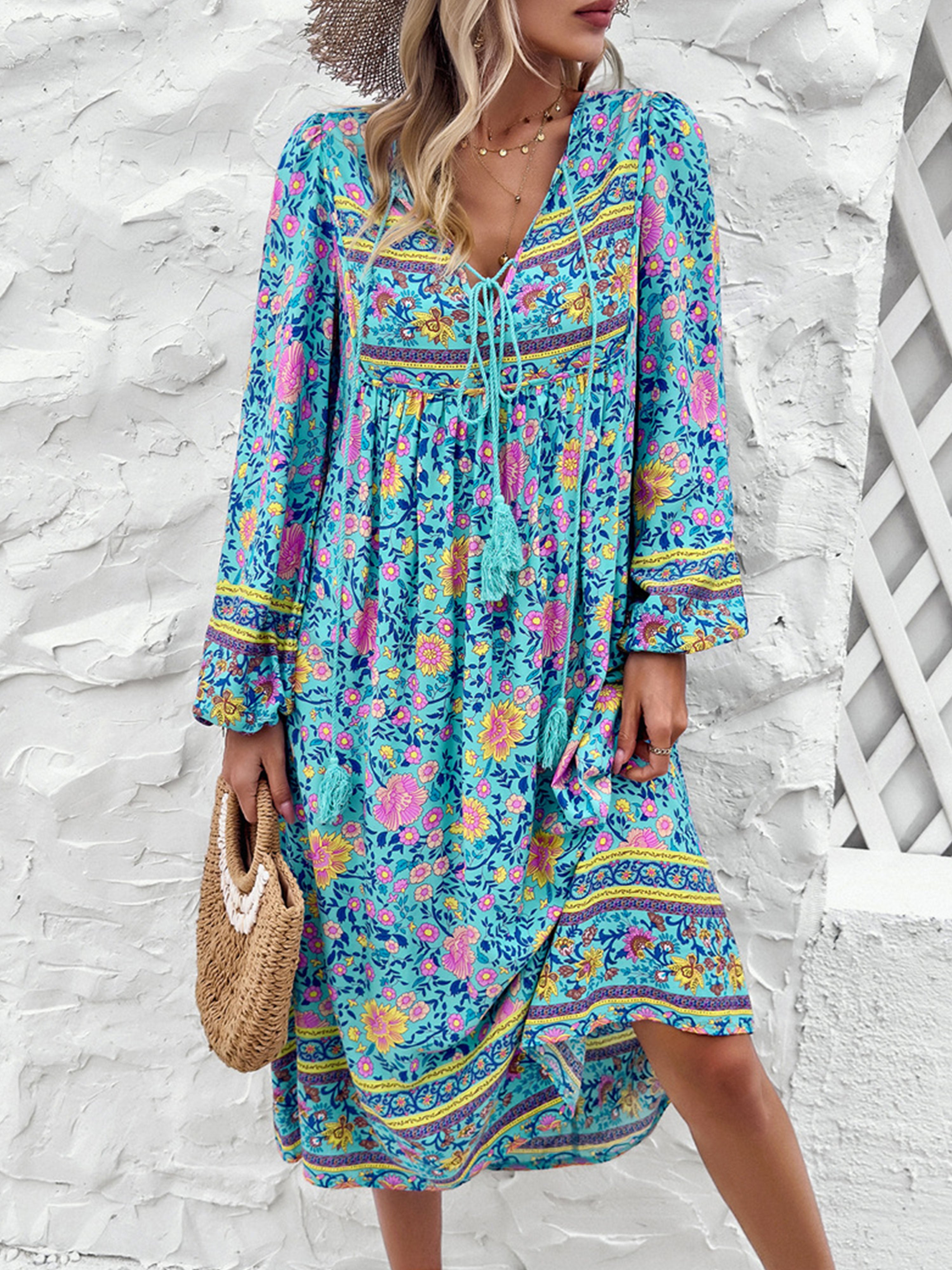 Robe Invitée de Mariage BLEU Robe bohème mariage invité Col V Manches longues