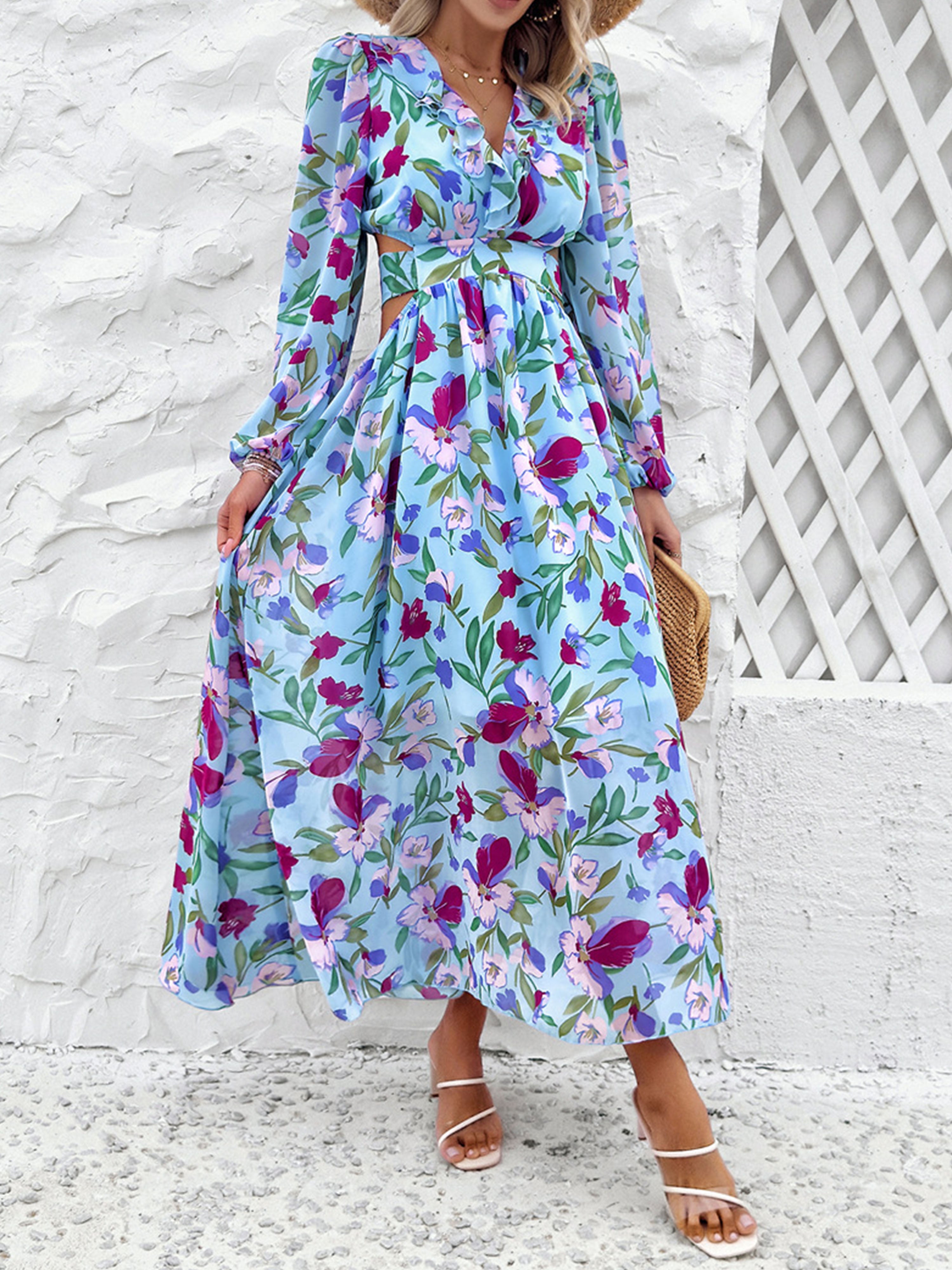 Robe Invitée de Mariage BLEU_CIEL Florale Robe bohème Col V Manches longues