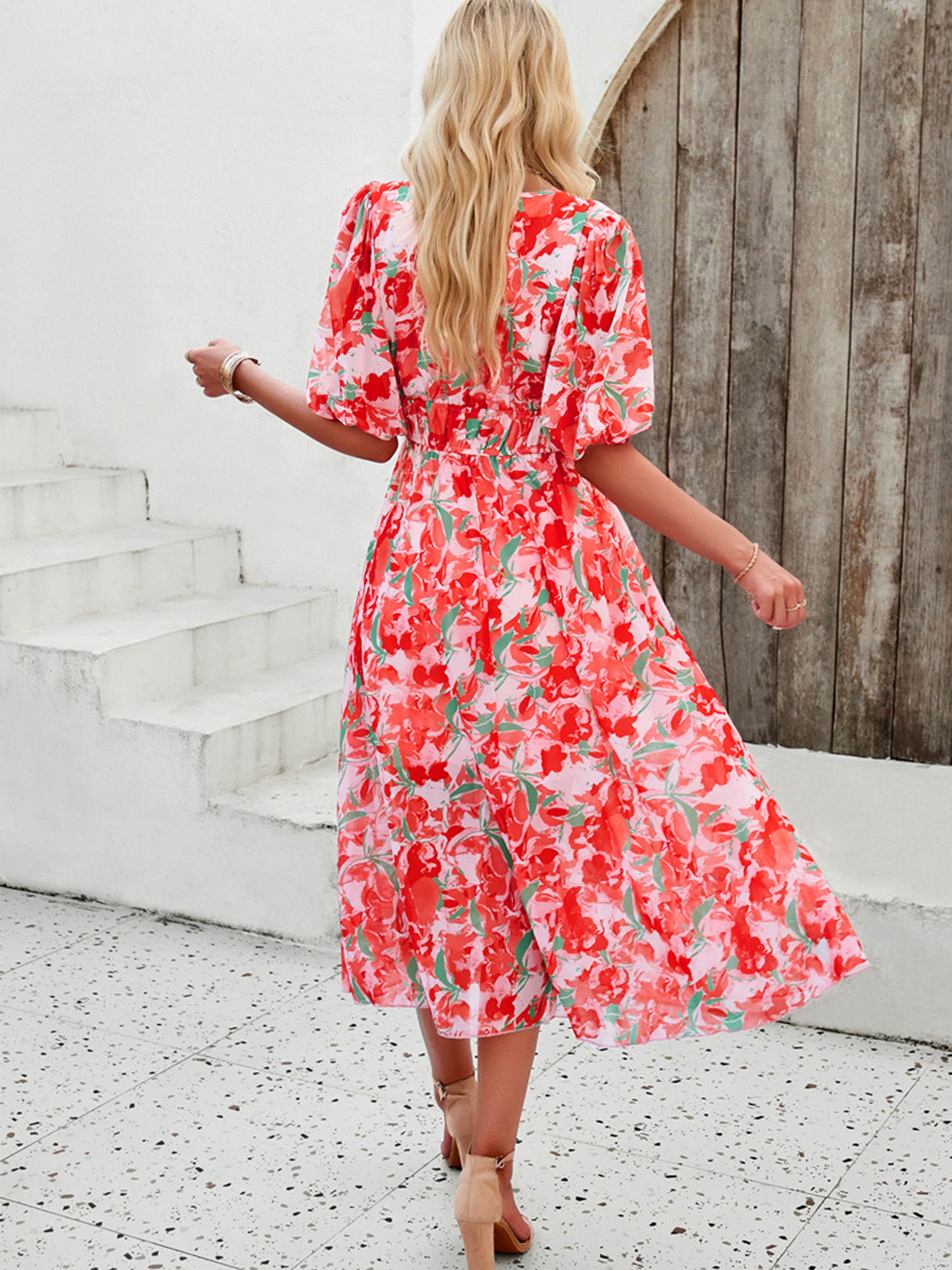 Robe en Rouge Trapèze Col V Manches Mi-Longue Robe Invitée de Mariage