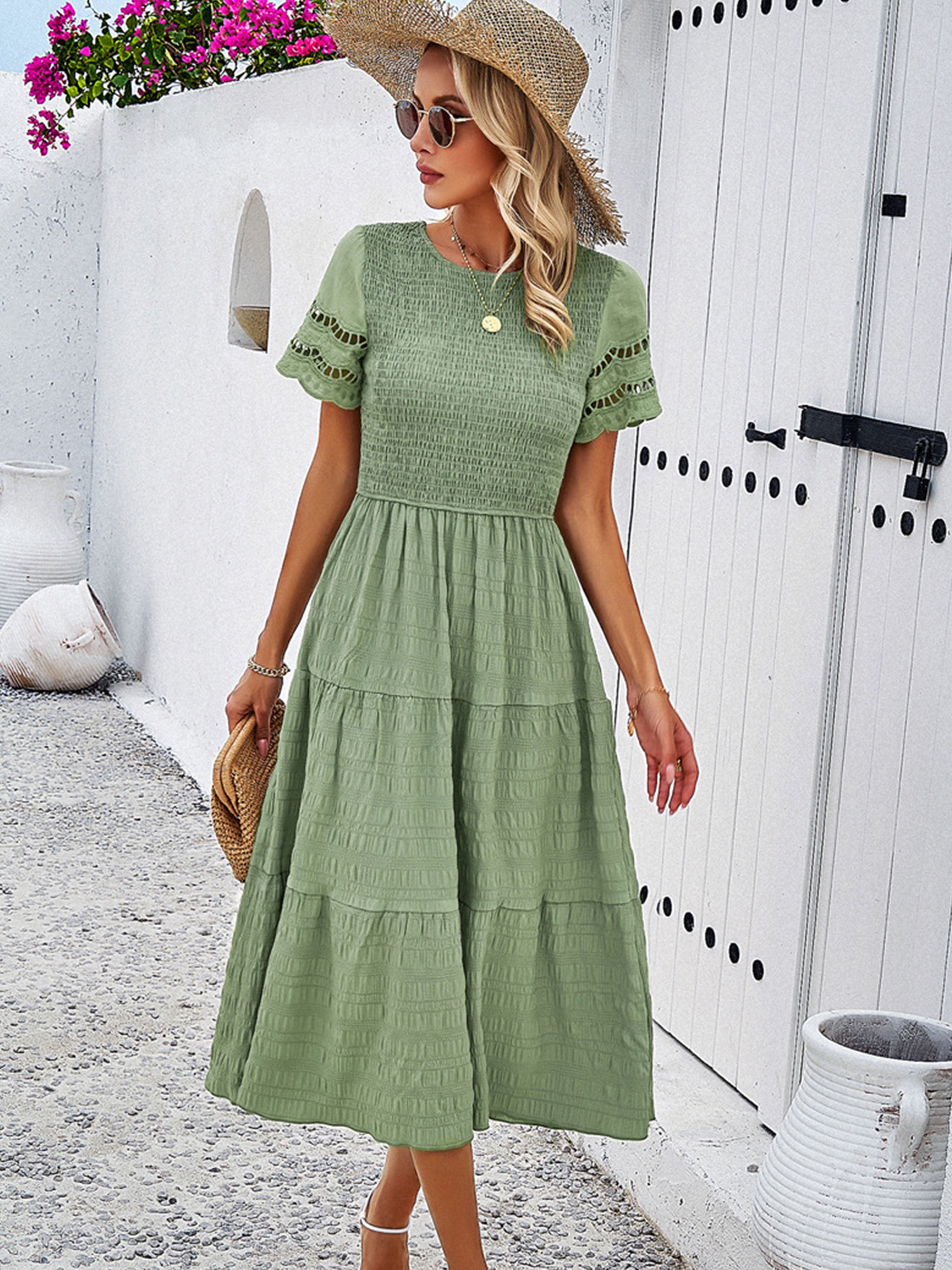 Robe en Sauge Poudrée Col Rond Manches Courtes Trapèze Robe Invitée de Mariage