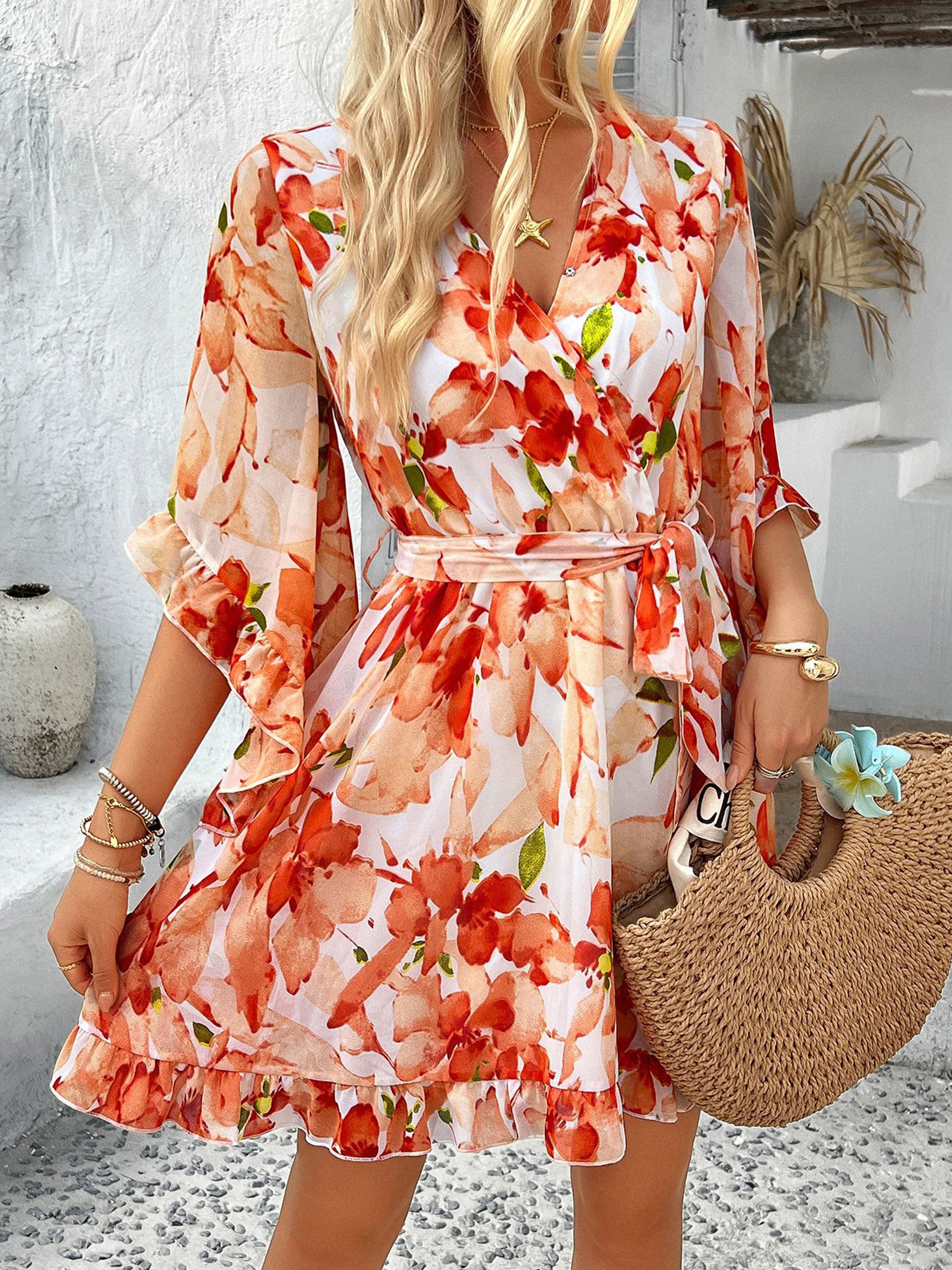 Robe en Orange Noeud Papillon Col V Manches Mi-Longue à Volants Robe Invitée de Mariage