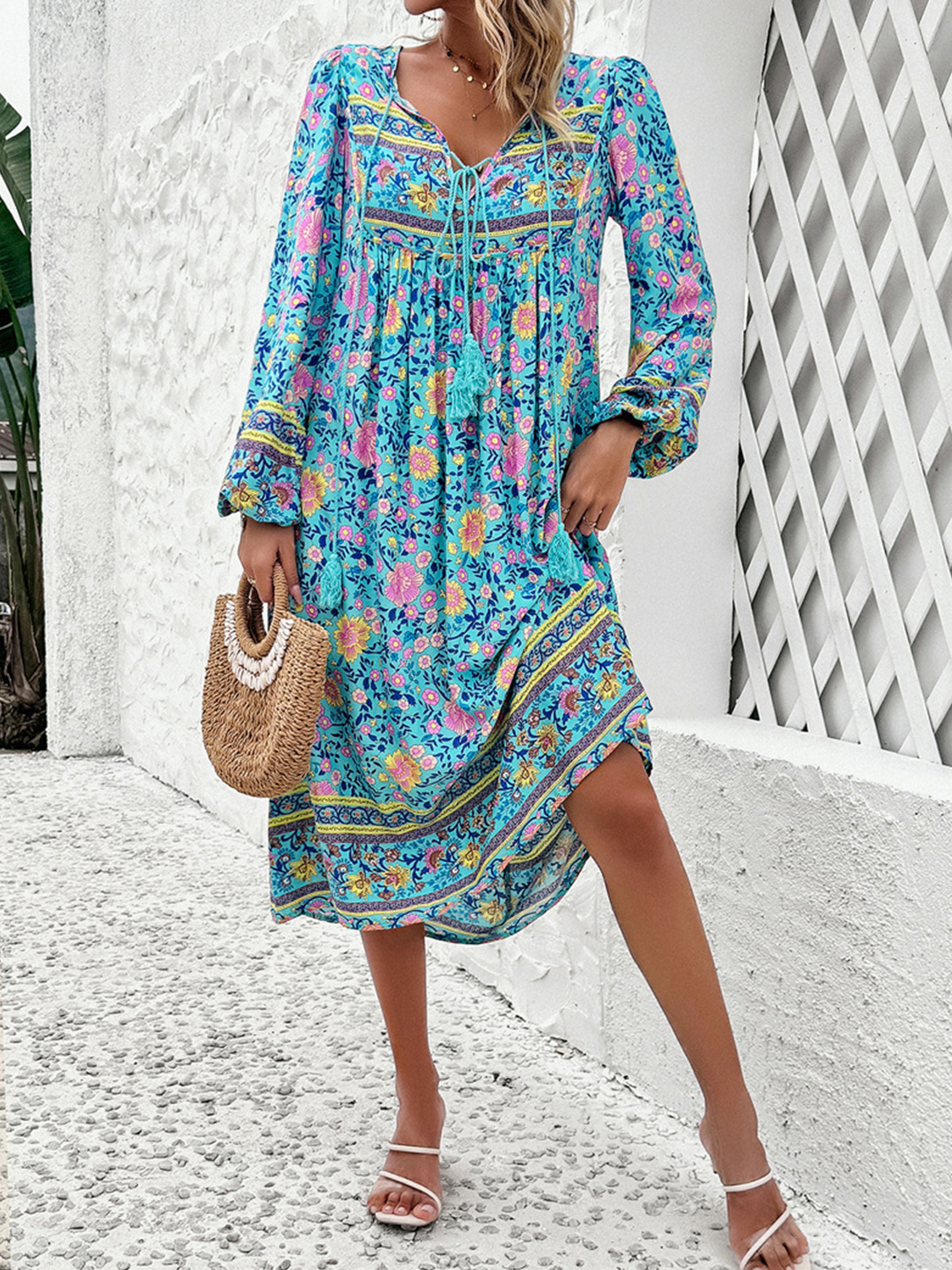 Robe Invitée de Mariage BLEU Robe bohème mariage invité Col V Manches longues