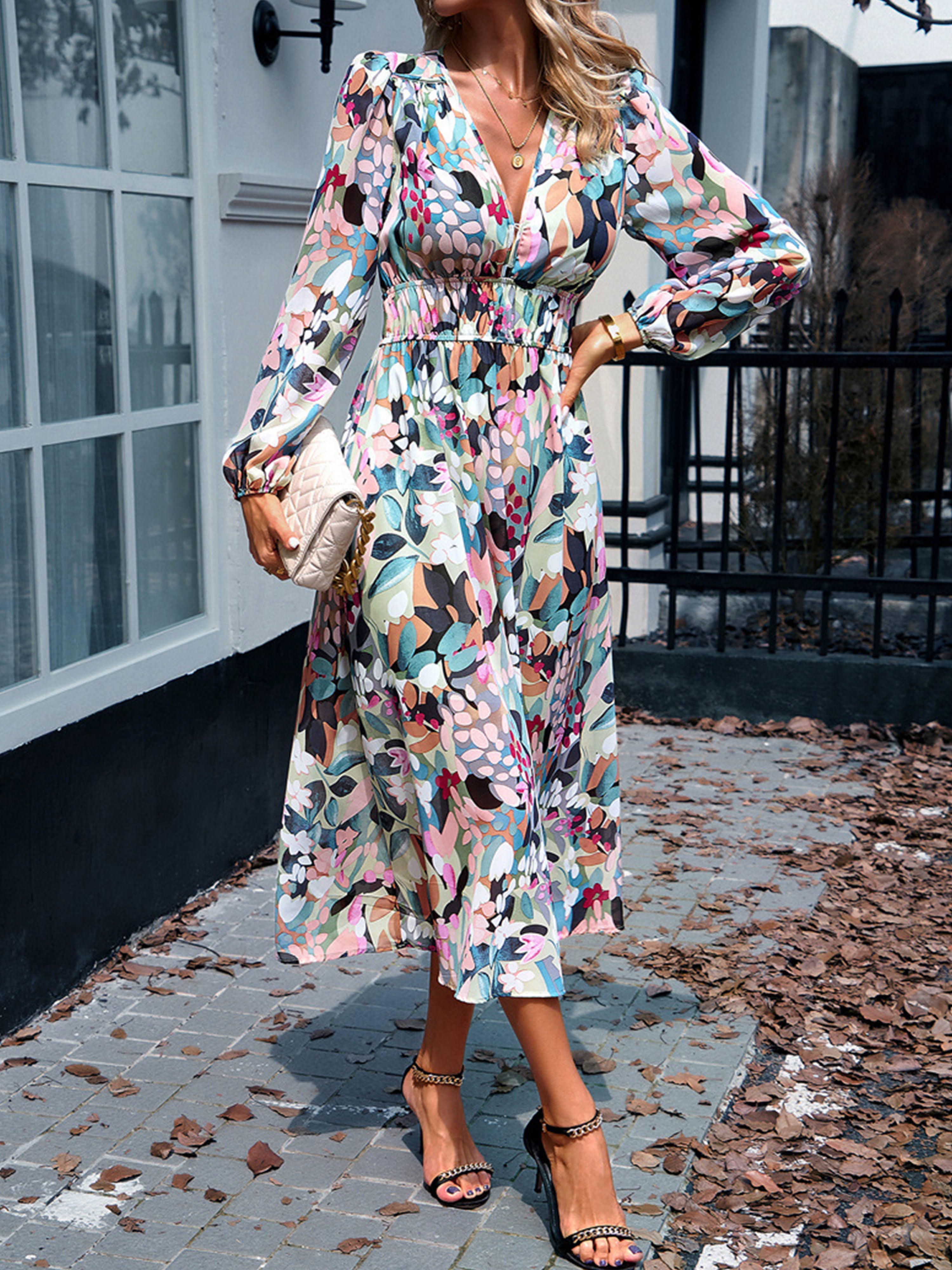 Robe Florale en Vert Trapèze Col V Manches Longues Robe Invitée de Mariage