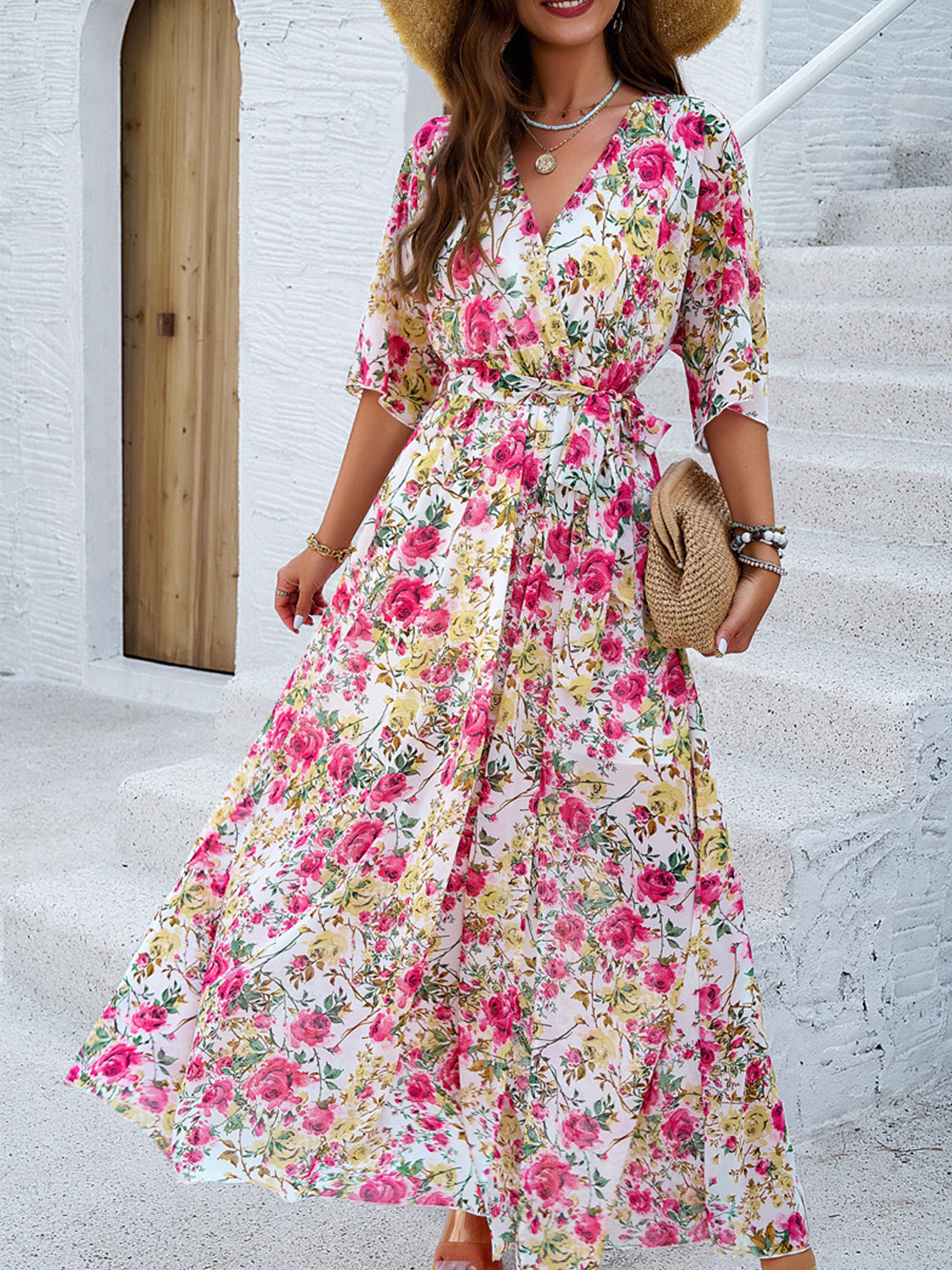 Robe Florale en Blanc Trapèze Col V Manches Mi-Longue Robe Invitée de Mariage