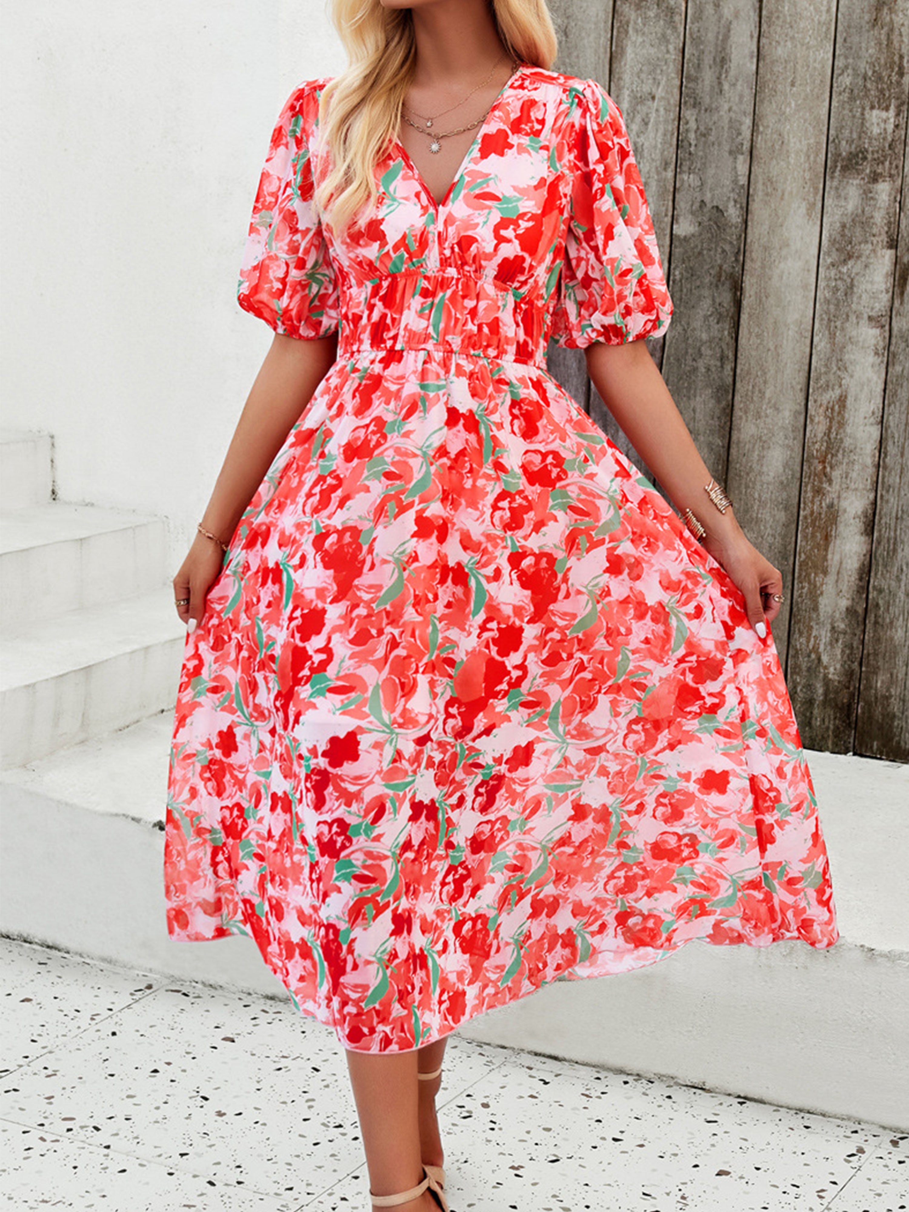 Robe en Rouge Trapèze Col V Manches Mi-Longue Robe Invitée de Mariage