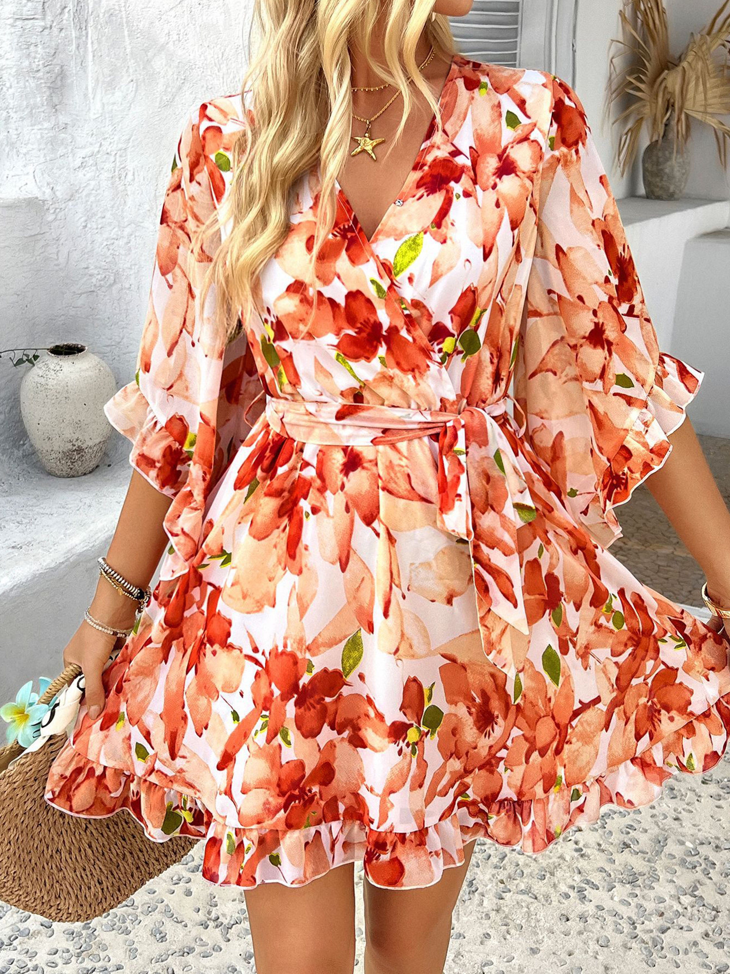 Robe en Orange Noeud Papillon Col V Manches Mi-Longue à Volants Robe Invitée de Mariage