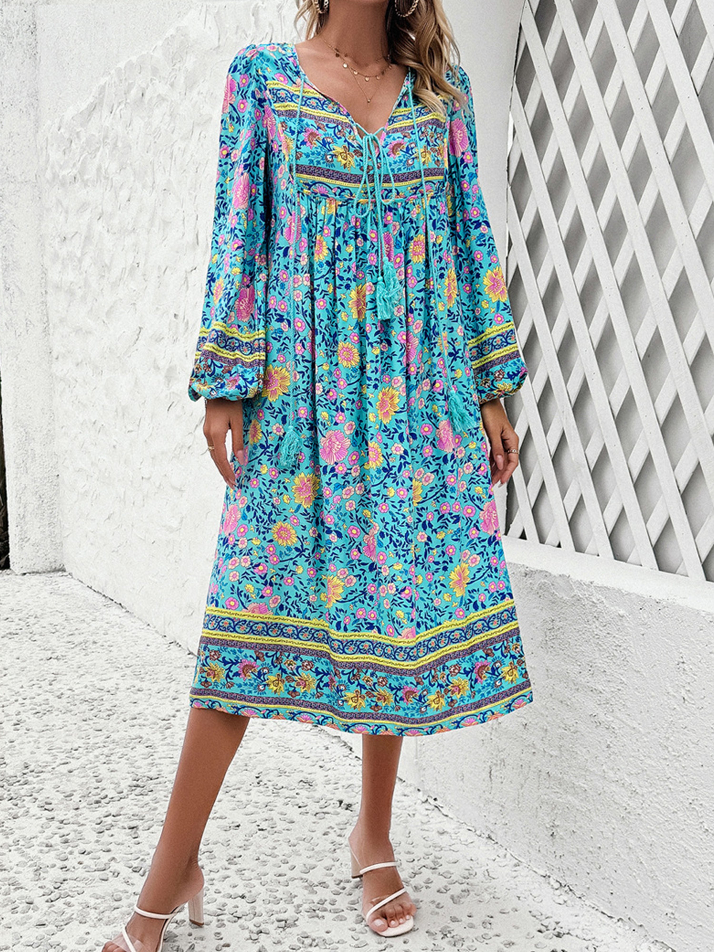 Robe Invitée de Mariage BLEU Robe bohème mariage invité Col V Manches longues