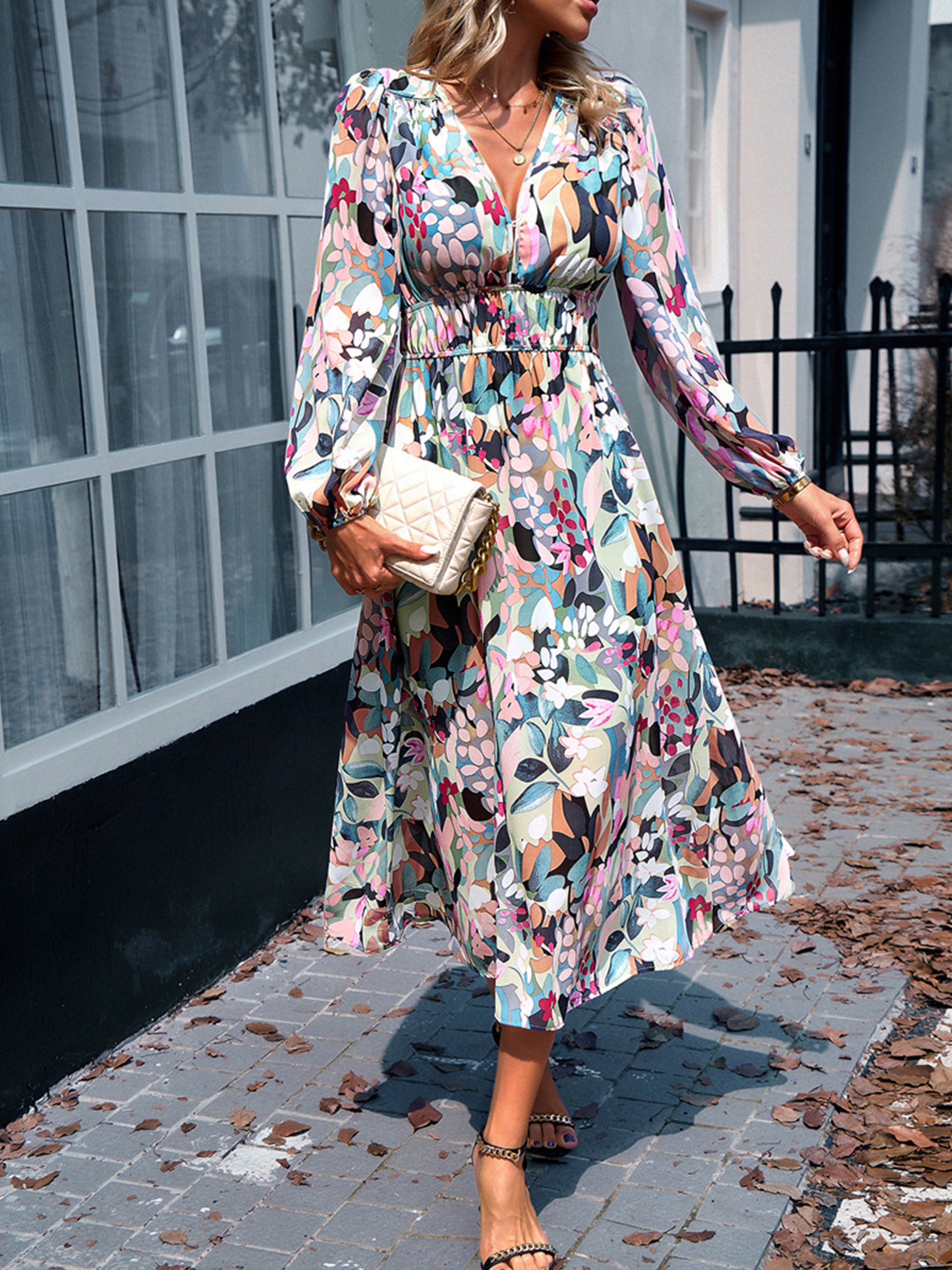 Robe Florale en Vert Trapèze Col V Manches Longues Robe Invitée de Mariage