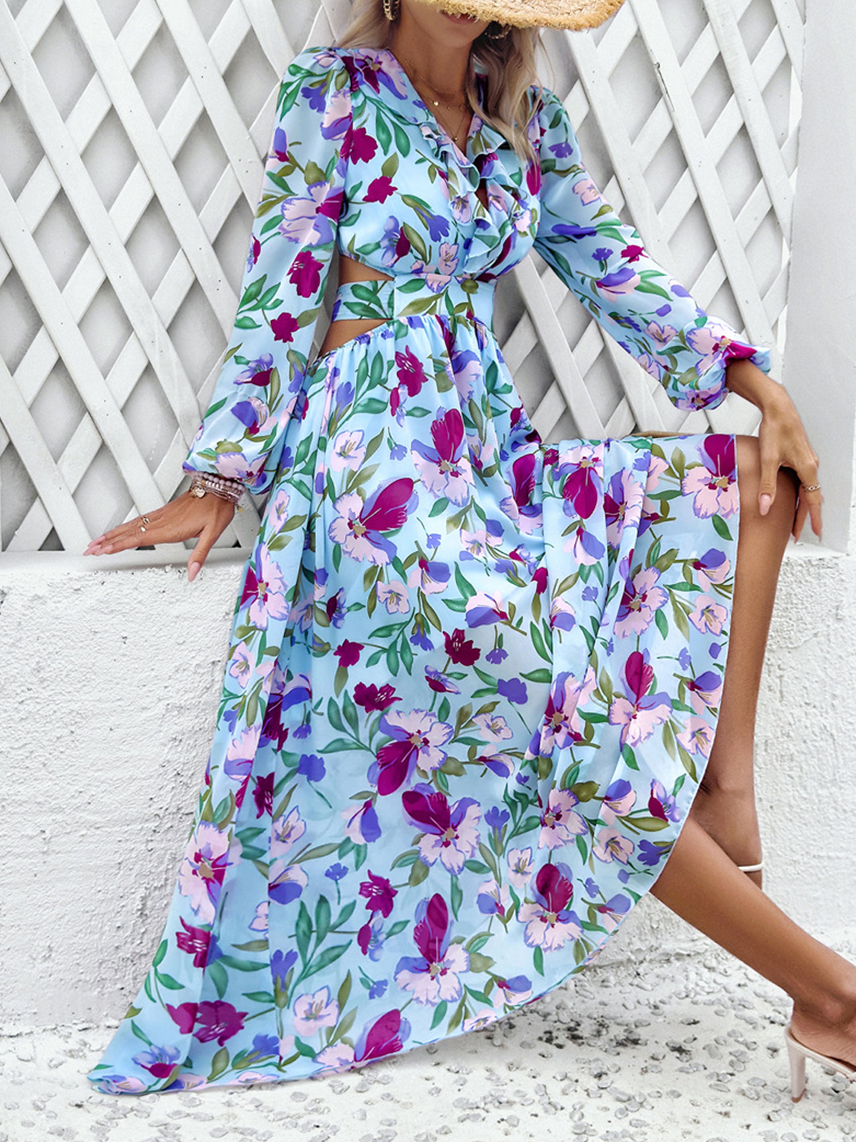 Robe Invitée de Mariage BLEU_CIEL Florale Robe bohème Col V Manches longues