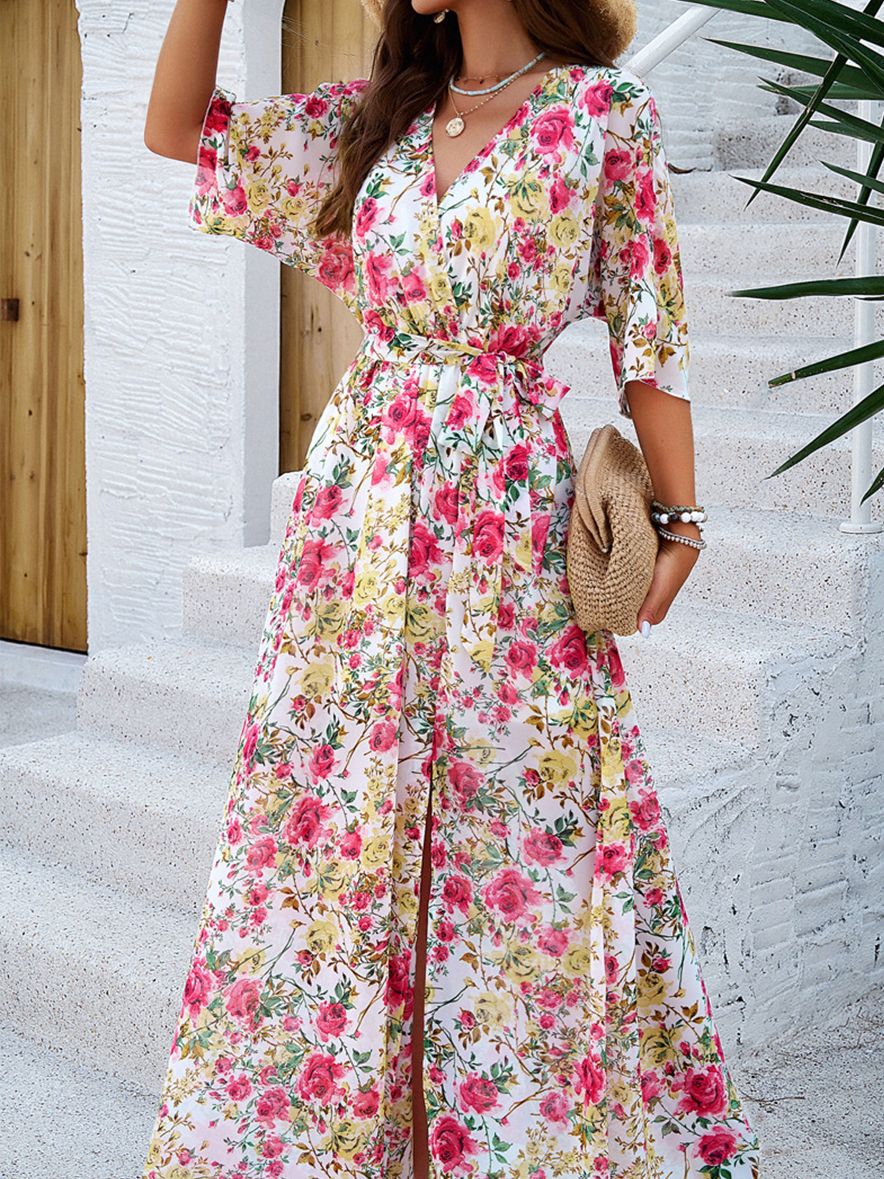 Robe Florale en Blanc Trapèze Col V Manches Mi-Longue Robe Invitée de Mariage