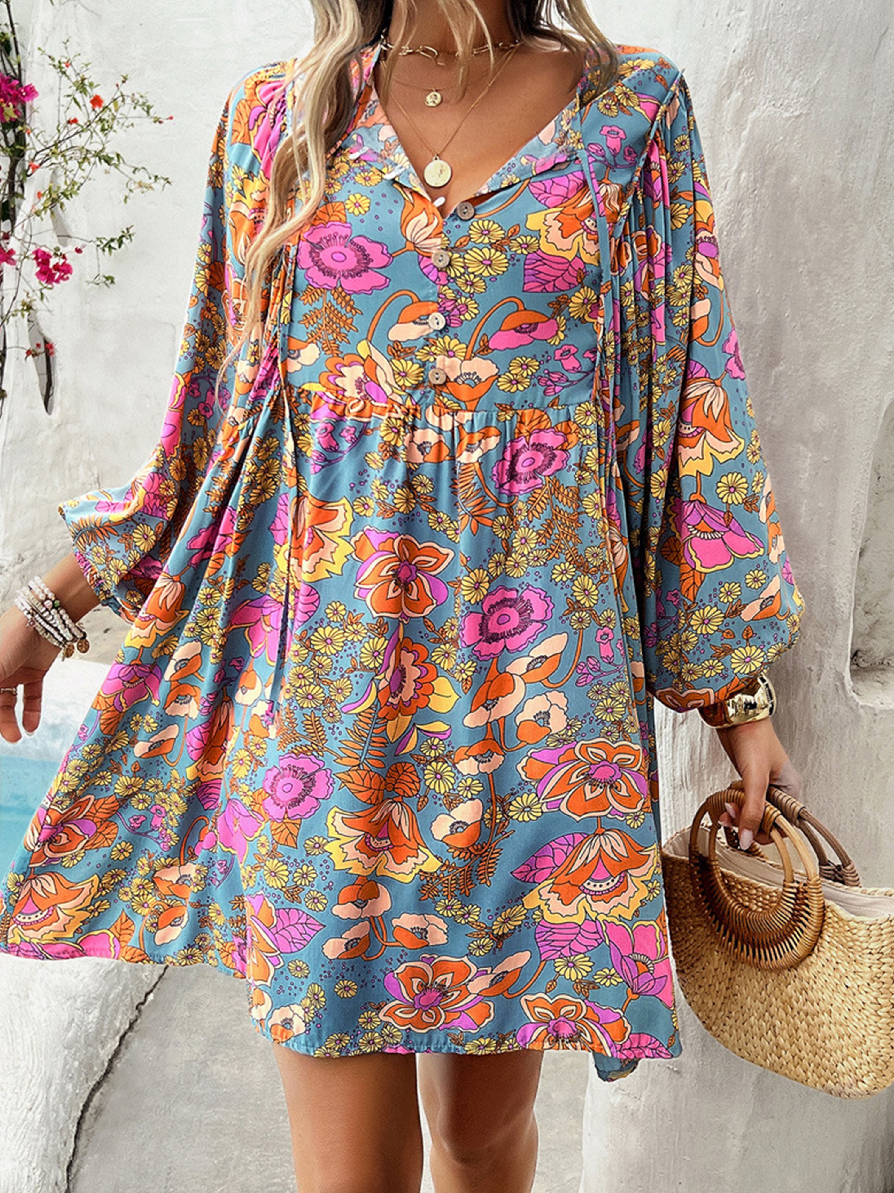 Décontracté Robe Invitée de Mariage Bleu Florale Col V Manches Longues