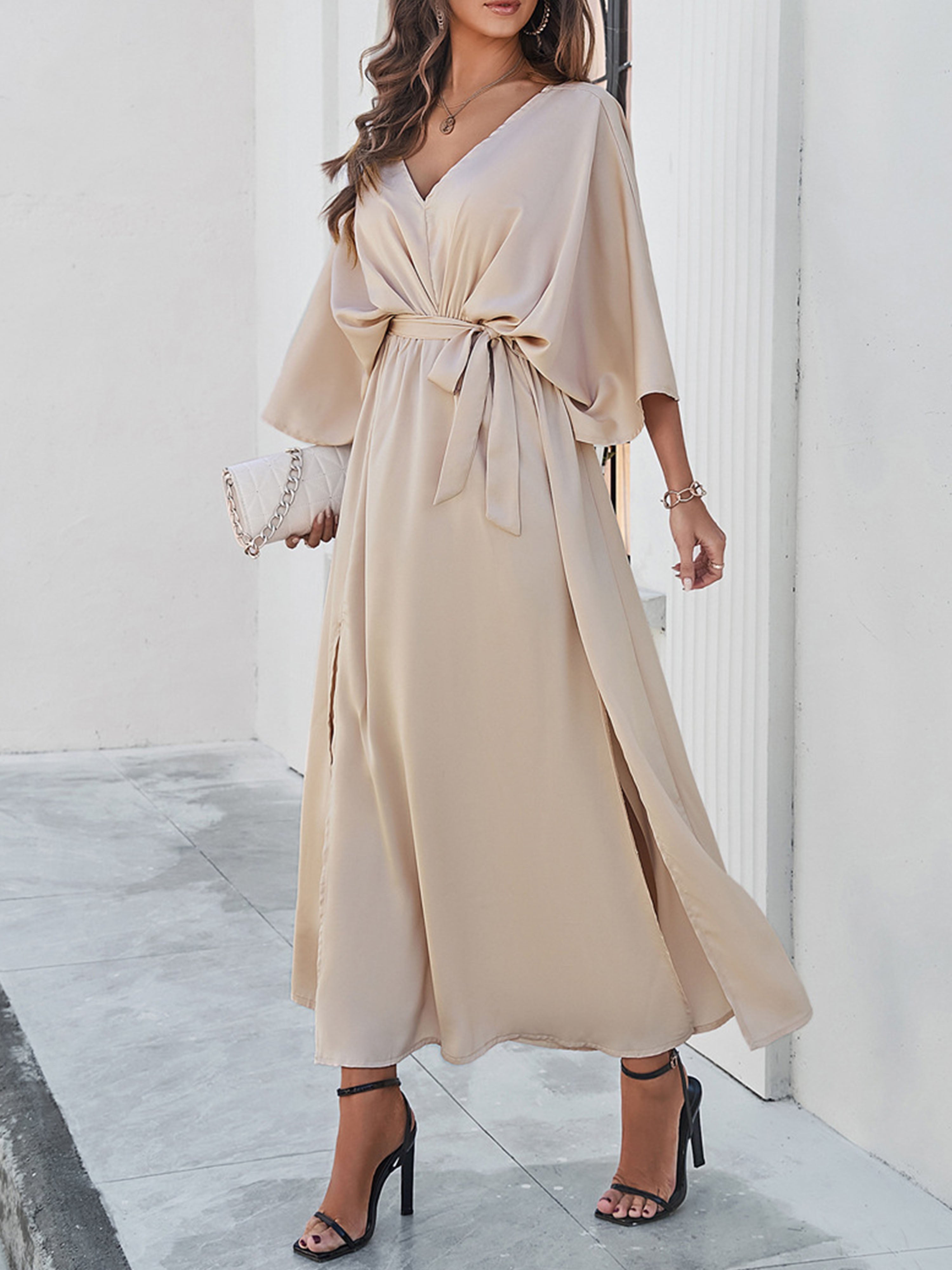 Elégante Robe Invitée de Mariage CHAMPAGNE Col V 3/4 Manches avec Ceinture