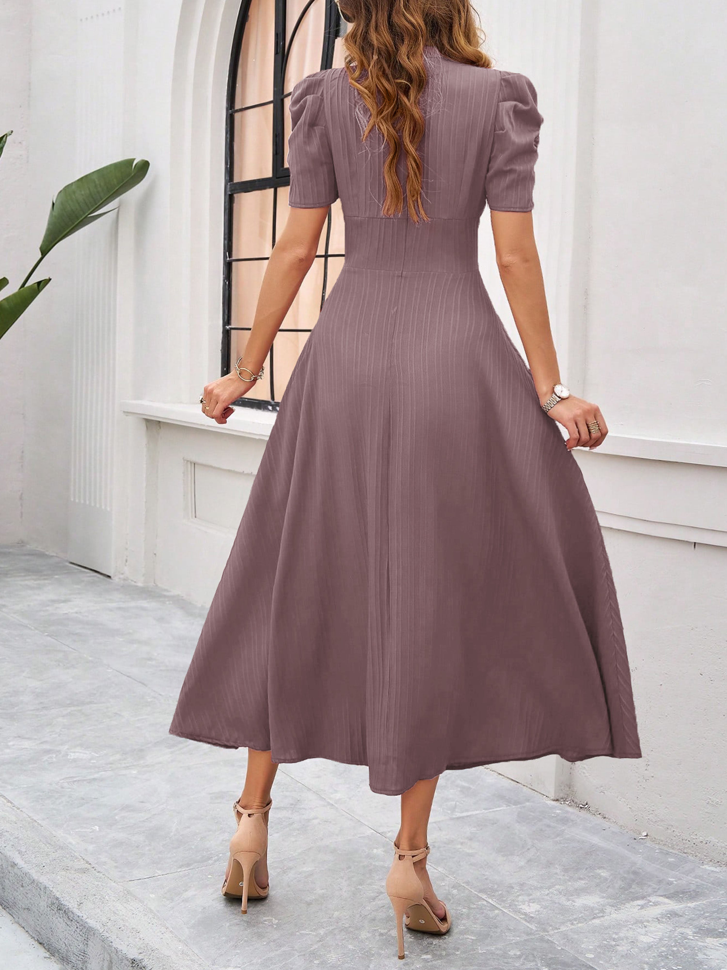 Robe Invitée Mariage VINTAGE_MAUVE Élégante Coupe A à Manches et Taille Empire