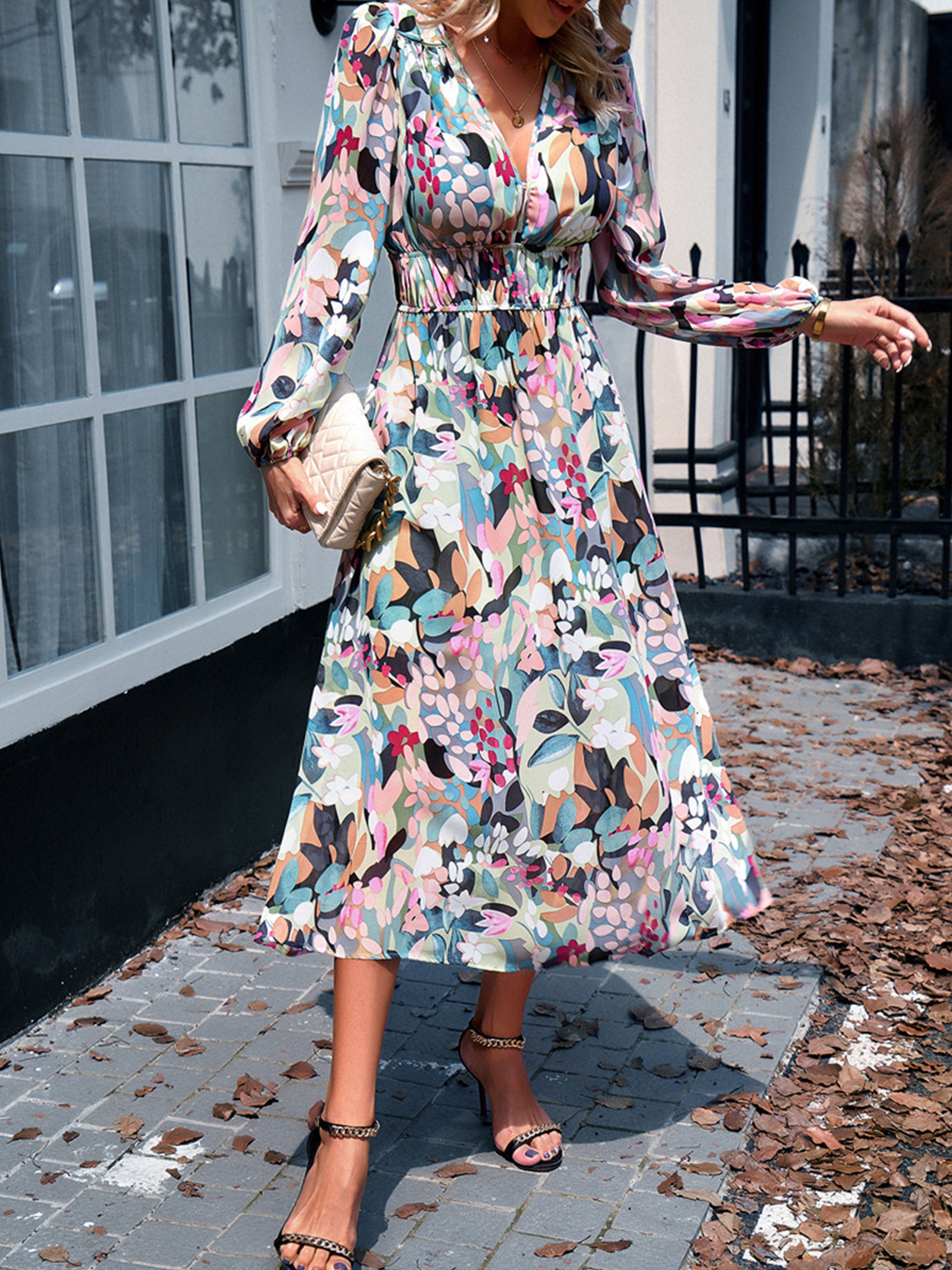 Robe Florale en Vert Trapèze Col V Manches Longues Robe Invitée de Mariage