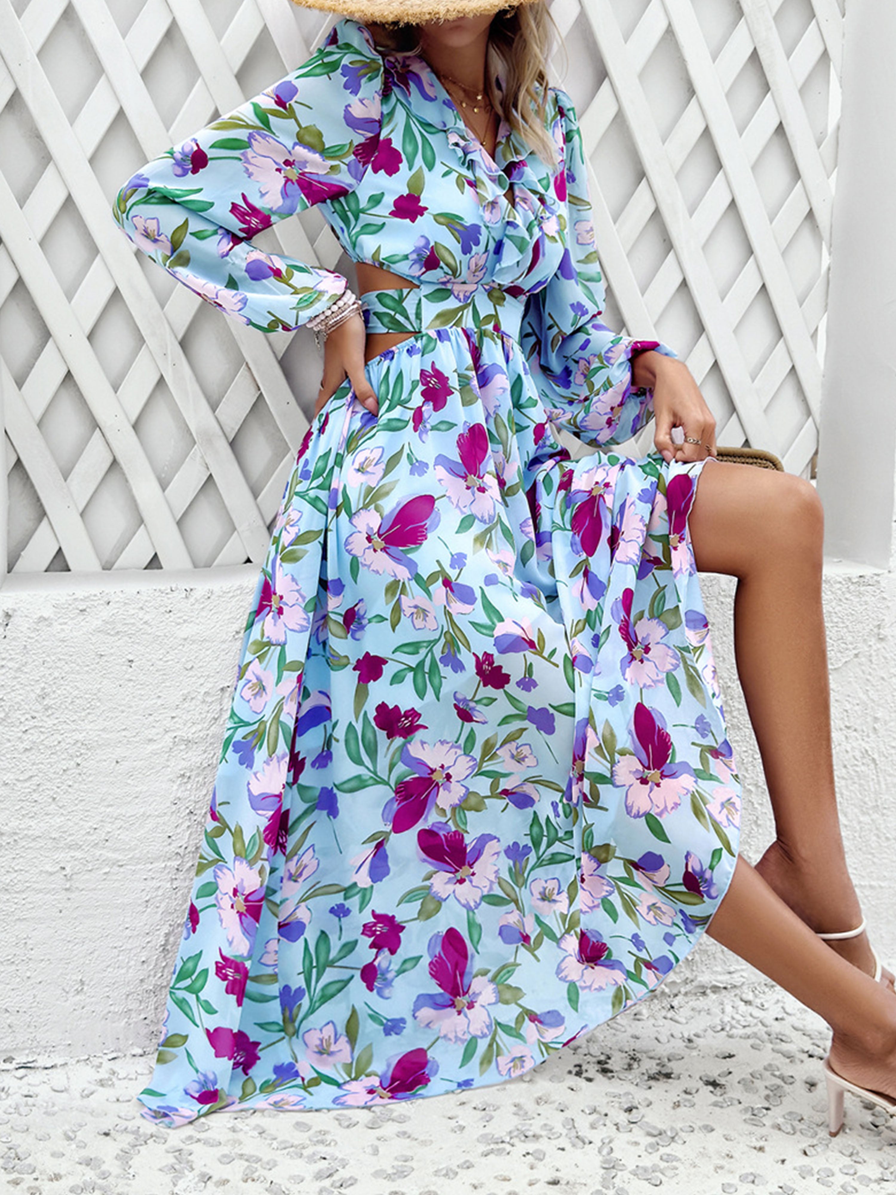 Robe Invitée de Mariage BLEU_CIEL Florale Robe bohème Col V Manches longues