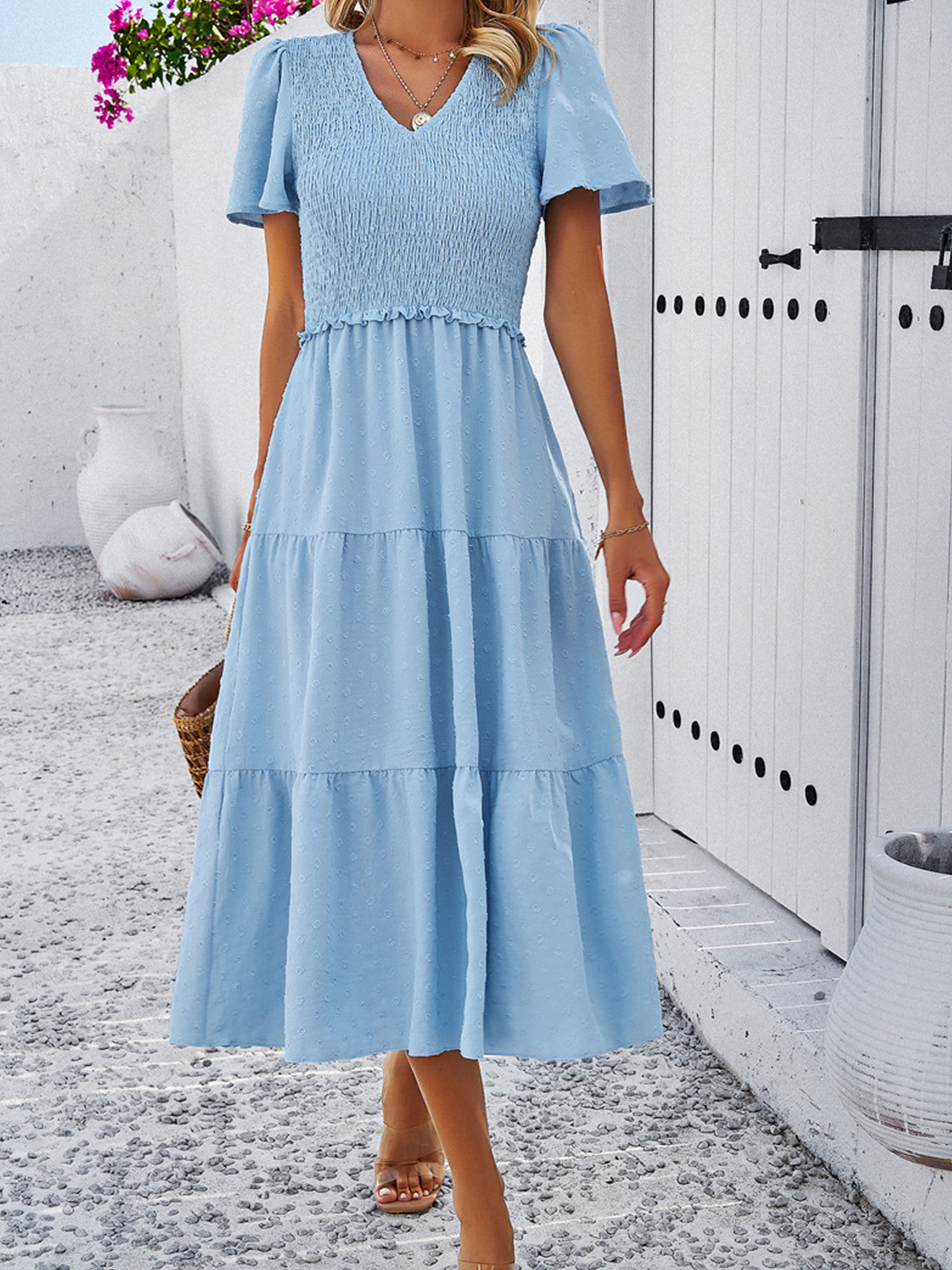 Robe Invitée de Mariage BLEU CIEL Robe à Pois Mi-longue Col V Manches Courtes