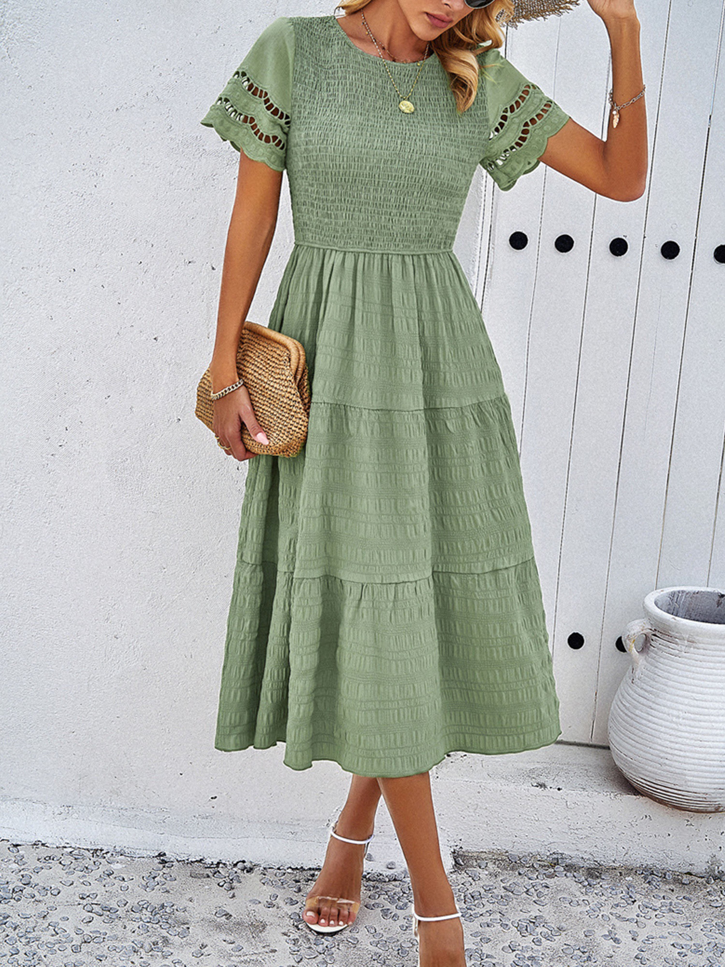 Robe en Sauge Poudrée Col Rond Manches Courtes Trapèze Robe Invitée de Mariage