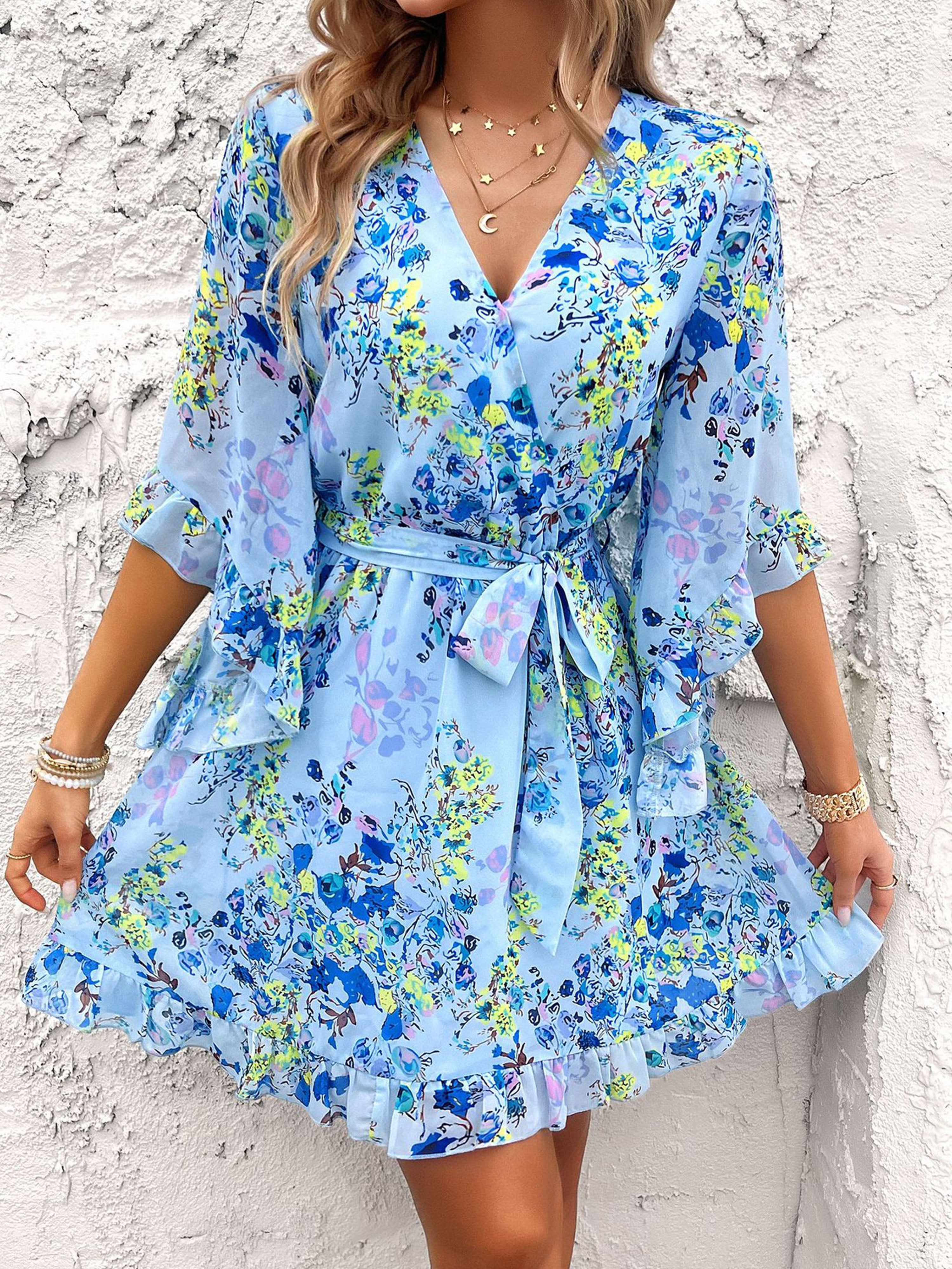 Robe Florale en Bleu Noeud Papillon Col V Manches Mi-Longue à Volants Robe Invitée de Mariage