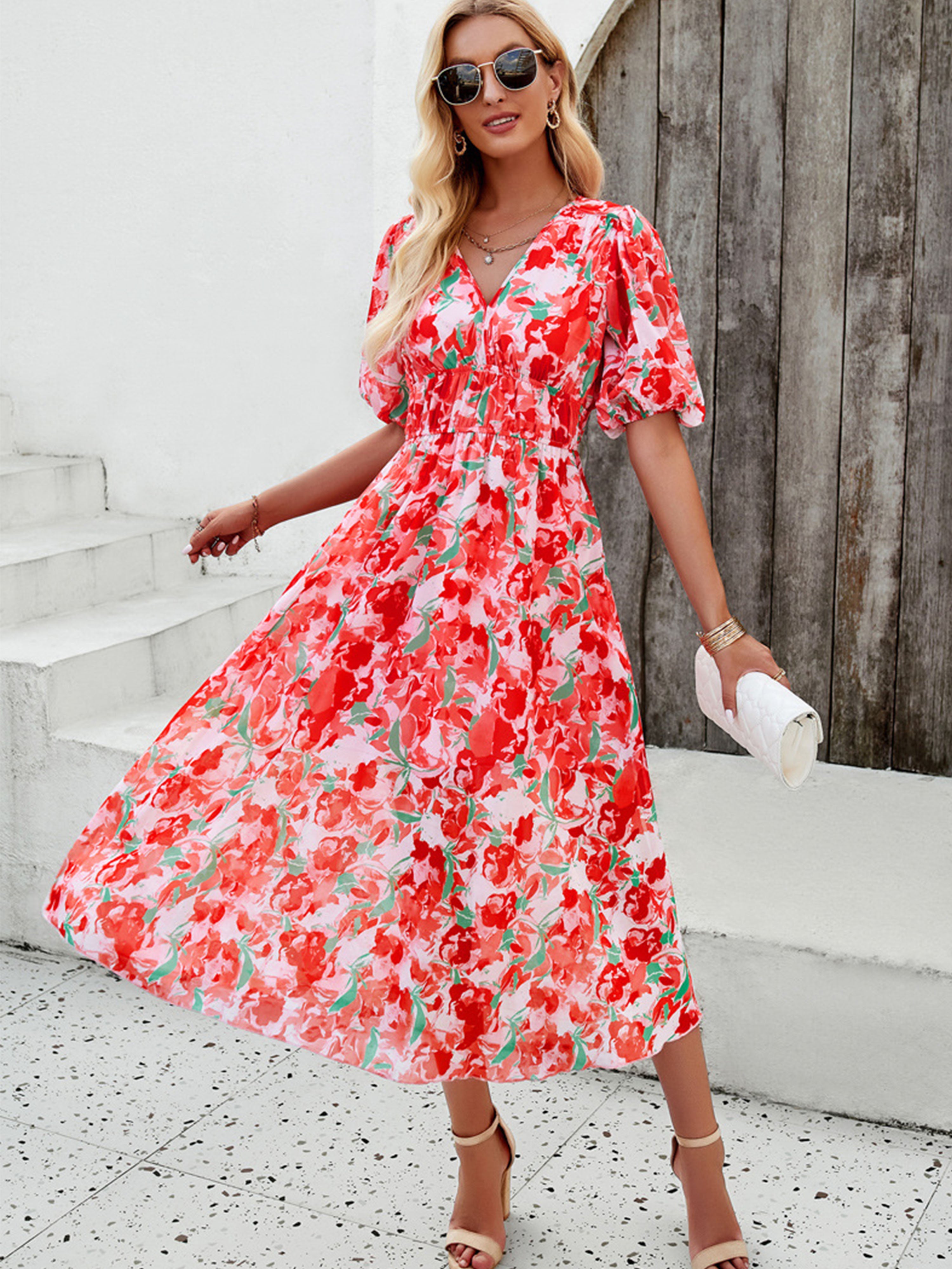 Robe en Rouge Trapèze Col V Manches Mi-Longue Robe Invitée de Mariage