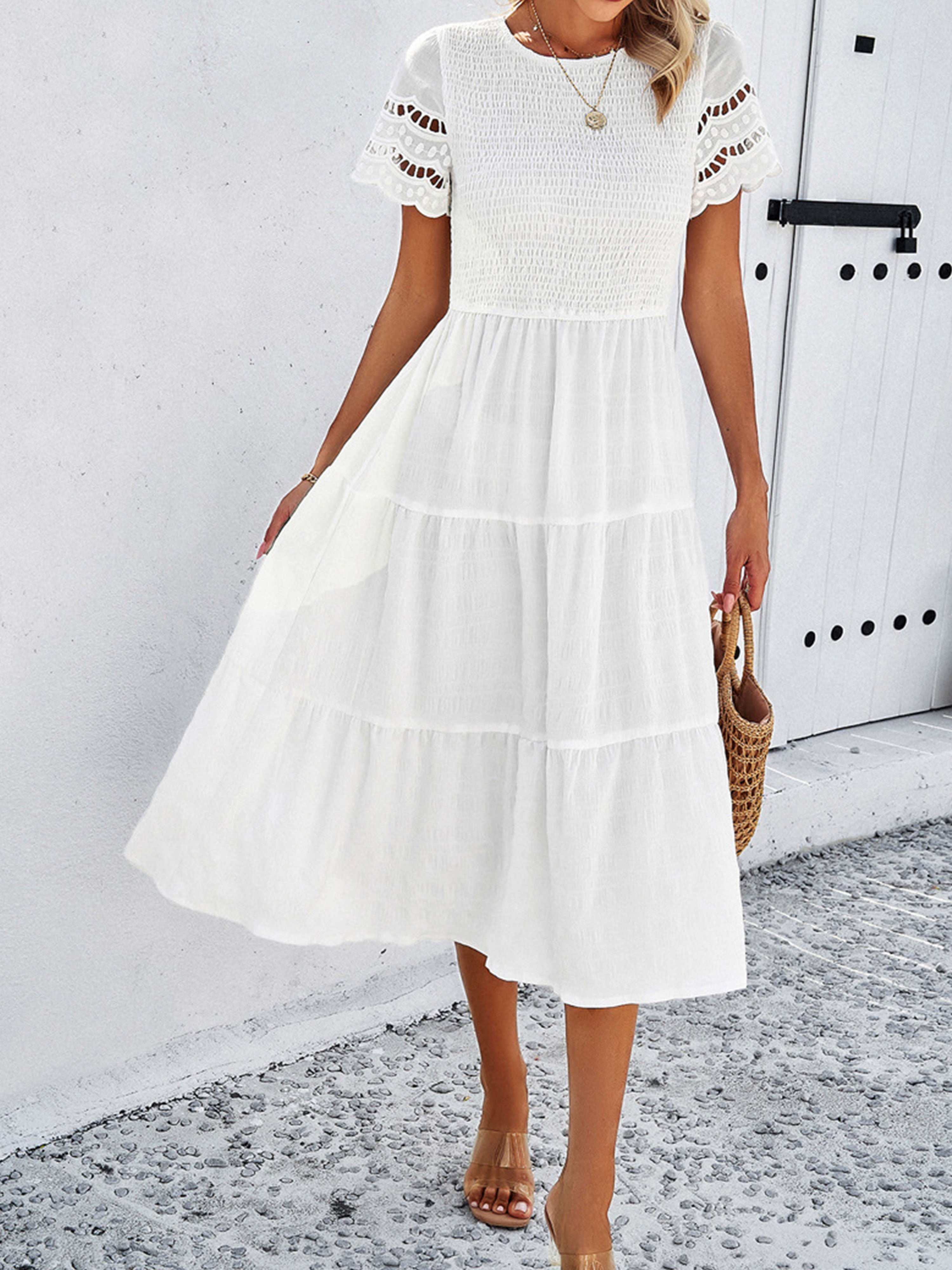 Robe en Blanc Col Rond Manches Courtes Trapèze Robe Invitée de Mariage