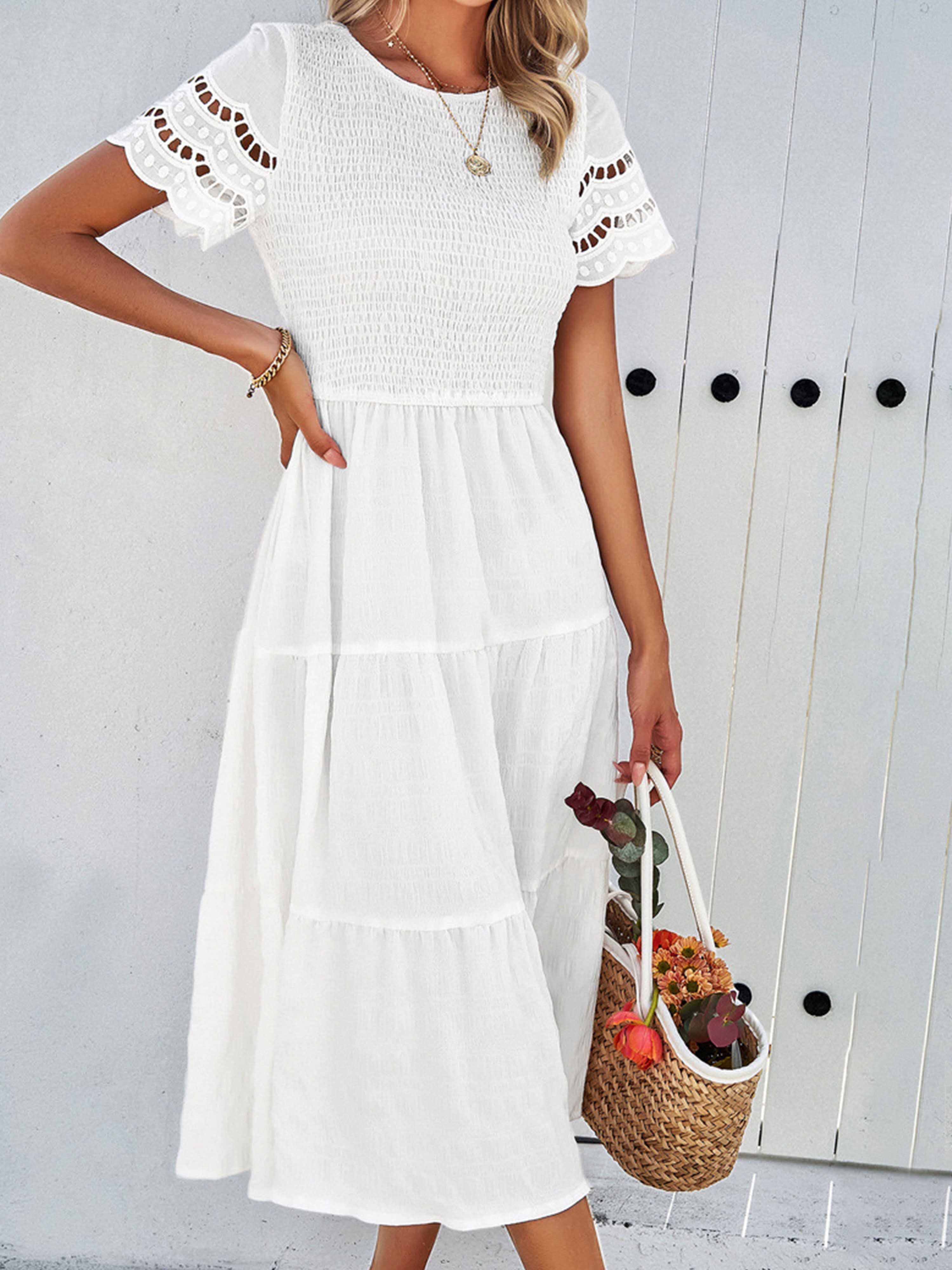 Robe en Blanc Col Rond Manches Courtes Trapèze Robe Invitée de Mariage