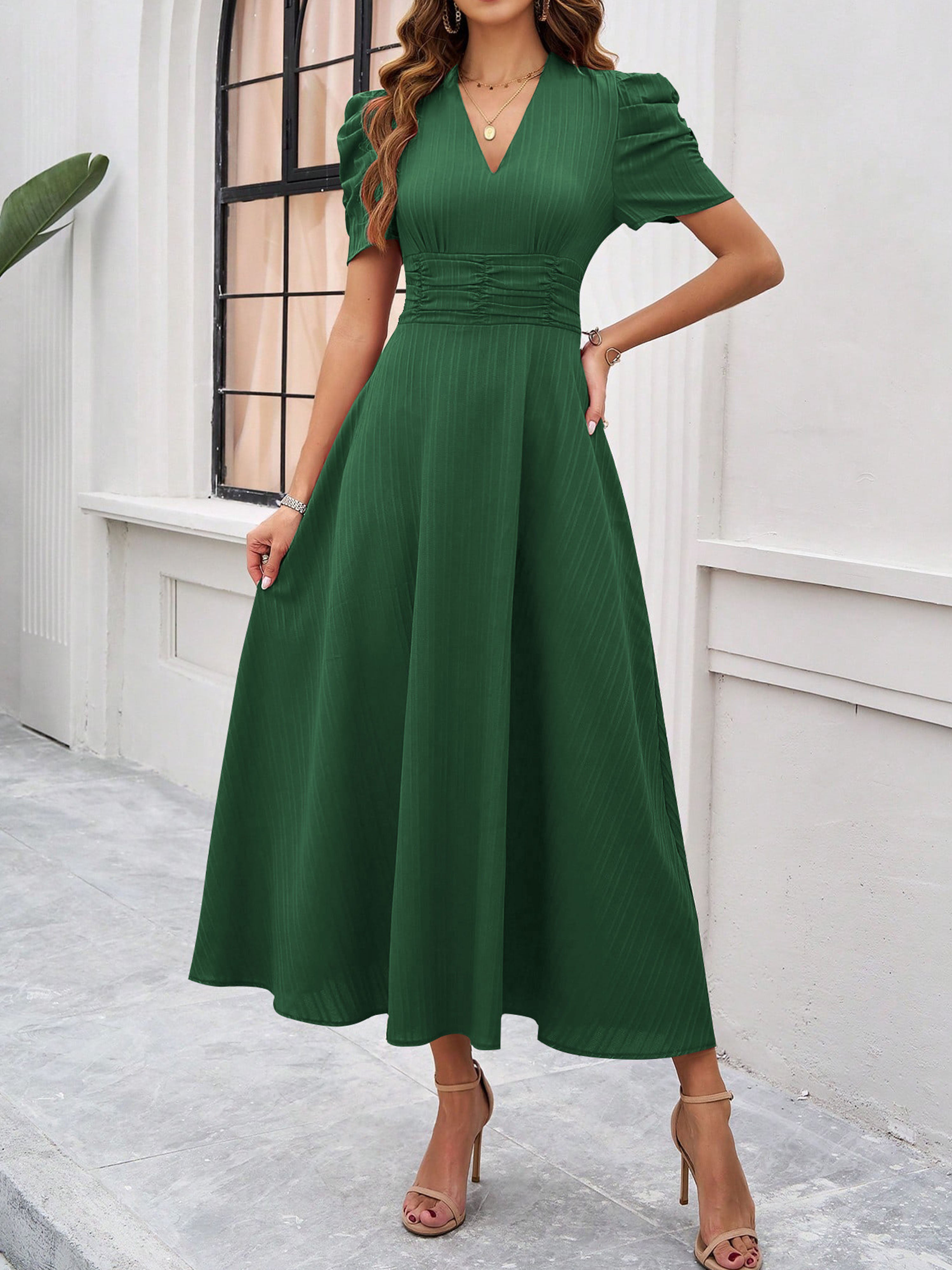 Robe Invitée Mariage VERT Élégante Coupe A à Manches et Taille Empire