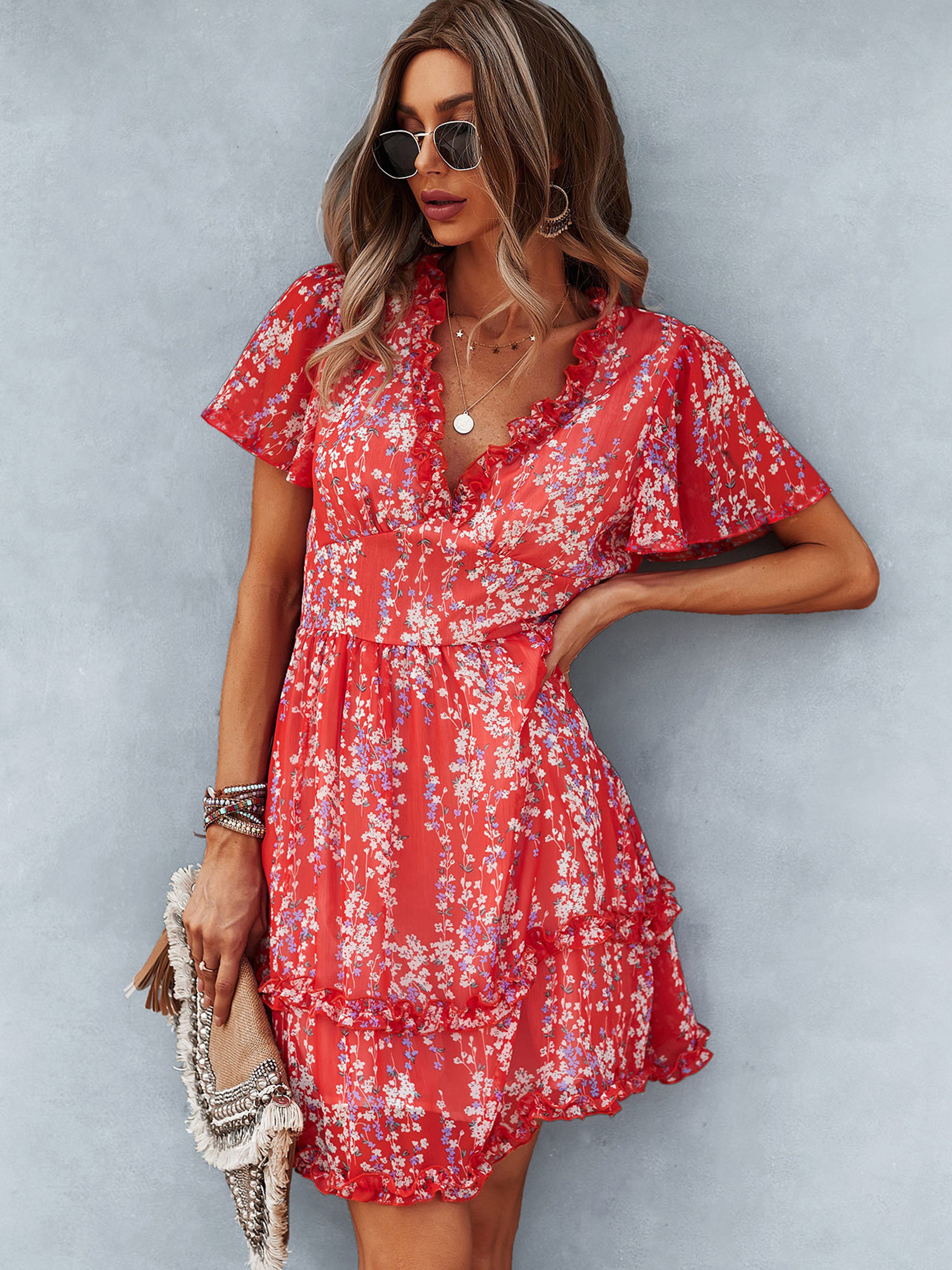 Robe Invitée Mariage Rouge Florale Coupe A à Encolure en V et Manches Courtes Volantées