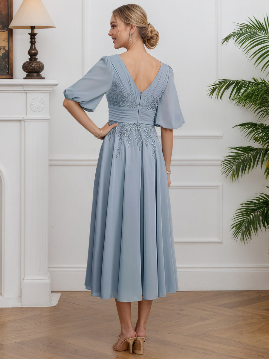 Cicinia Bleu Poussiéreux Robe pour Mère de la Mariée Longue en Mousseline et Dentelle A-Line Manches Bouffantes Longueur Midi (Thé)