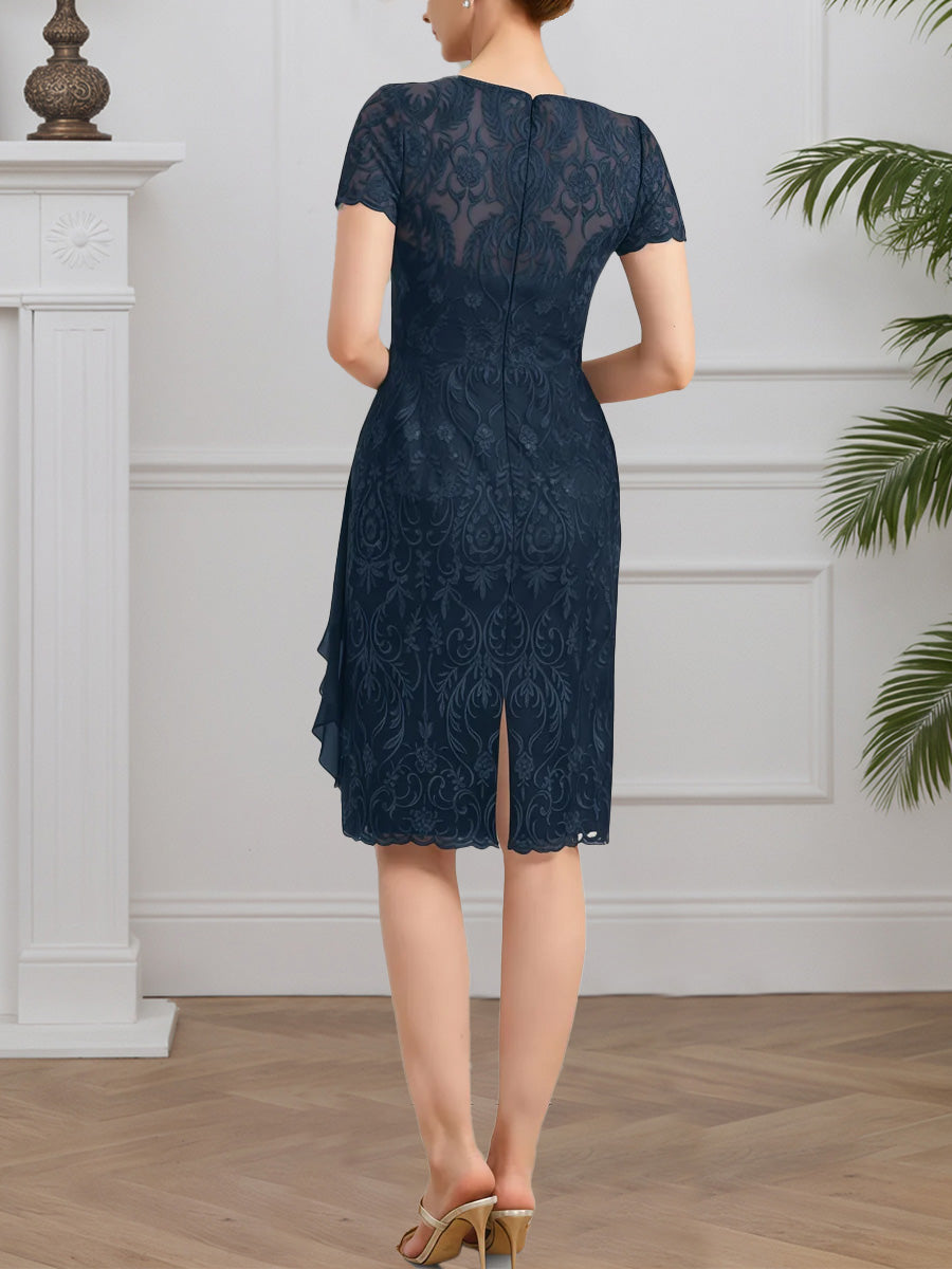 Cicinia Bleu Marine Foncé Robe pour Mère de la Mariée Courte en Mousseline et Dentelle Fourreau Longueur Genoux