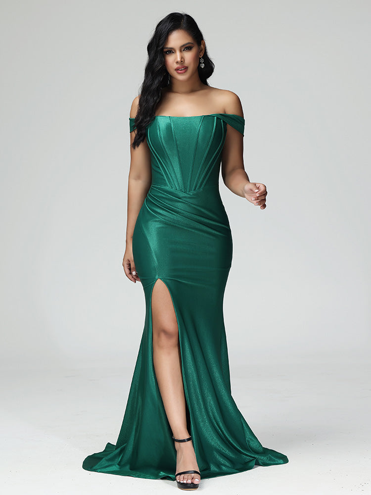 Epaule Dénudée Satin Robe de demoiselle d'honneur Plissé avec Traîne de Balayage VERT FONCÉ