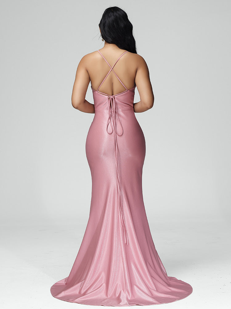 Cache Cœur Satin Robe de demoiselle d'honneur plissé avec Traîne de Balayage en Caméo Marron