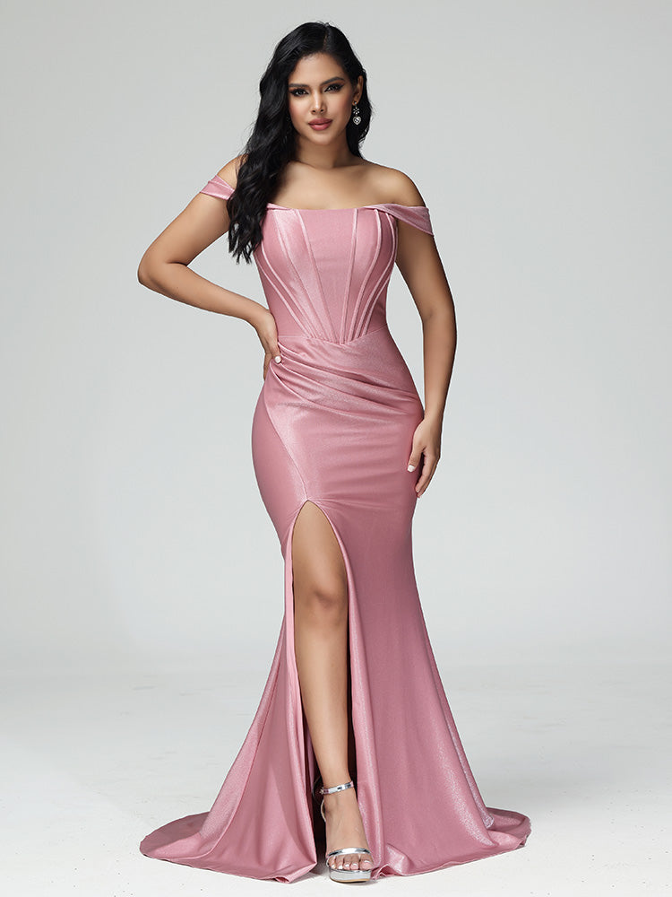 Epaule Dénudée Satin Robe de demoiselle d'honneur Plissé avec Traîne de Balayage Epaule Dénudée Robe de Soirée Stretch Satiné Soyeux Plissé avec Traîne de Balayage en ROSE_POUDRE