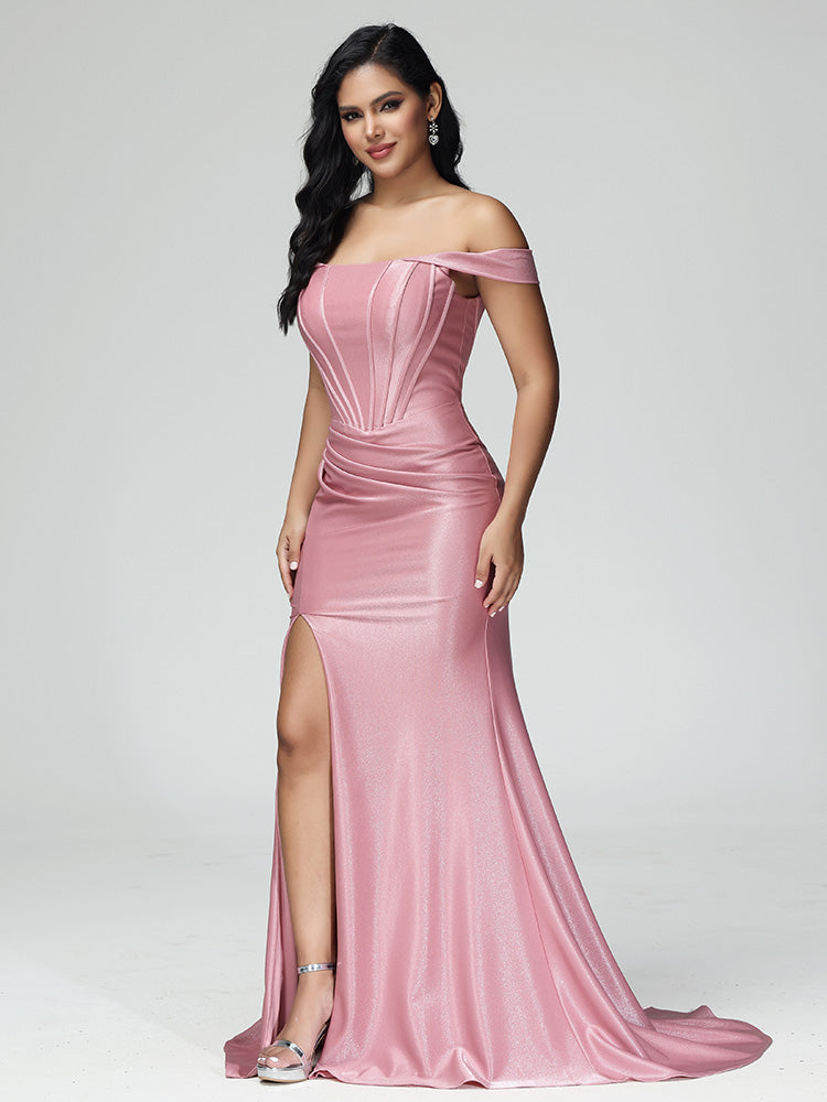 Epaule Dénudée Satin Robe de demoiselle d'honneur Plissé avec Traîne de Balayage Epaule Dénudée Robe de Soirée Stretch Satiné Soyeux Plissé avec Traîne de Balayage en ROSE_POUDRE
