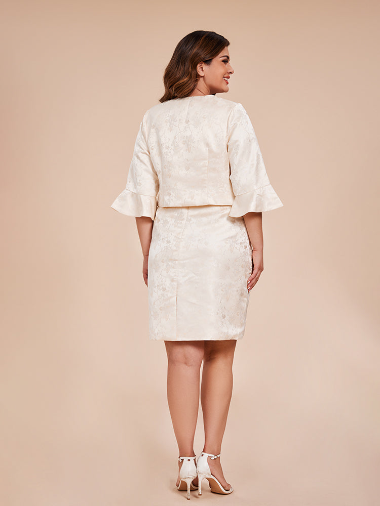 2 Pièces Col Rond Moulante Longueur Genou Robe Mère de la Mariée en Satin floral