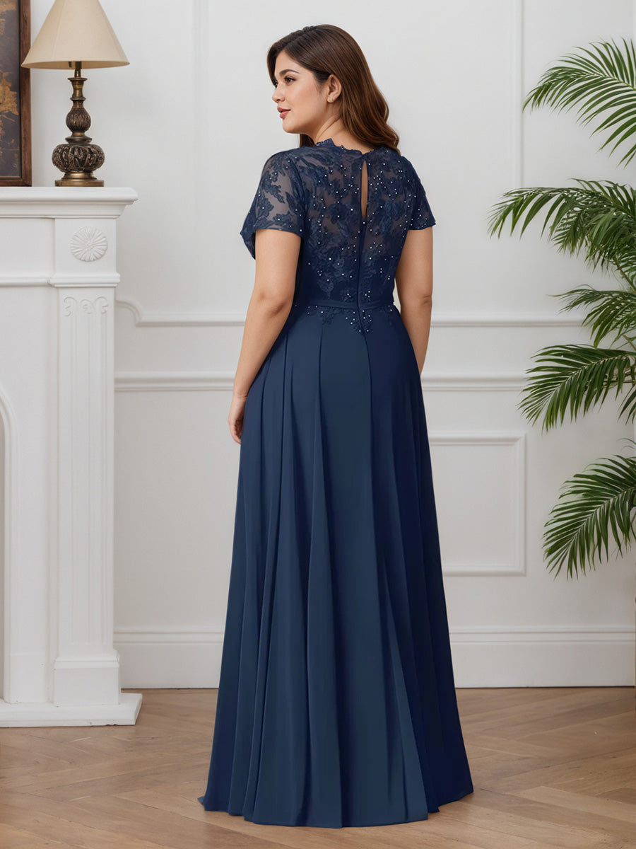 Cicinia Bleu Marine Robe pour Mère de la Mariée Longue en Mousseline et Dentelle A-Line Manches Courtes Grande Taille