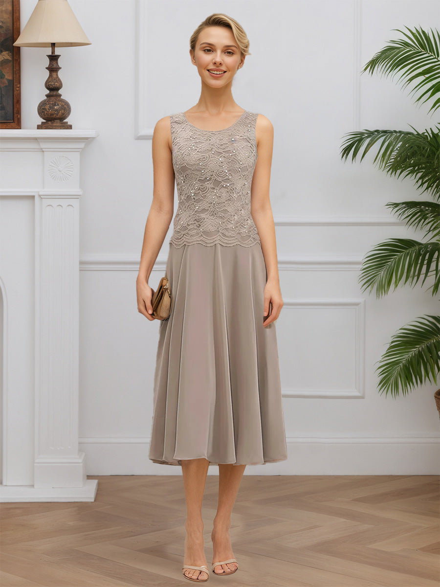 Cicinia Taupe 2 Pièces Robe avec Veste pour Mère de la Mariée Longue en Dentelle et Mousseline A-Line Longueur Midi (Thé)