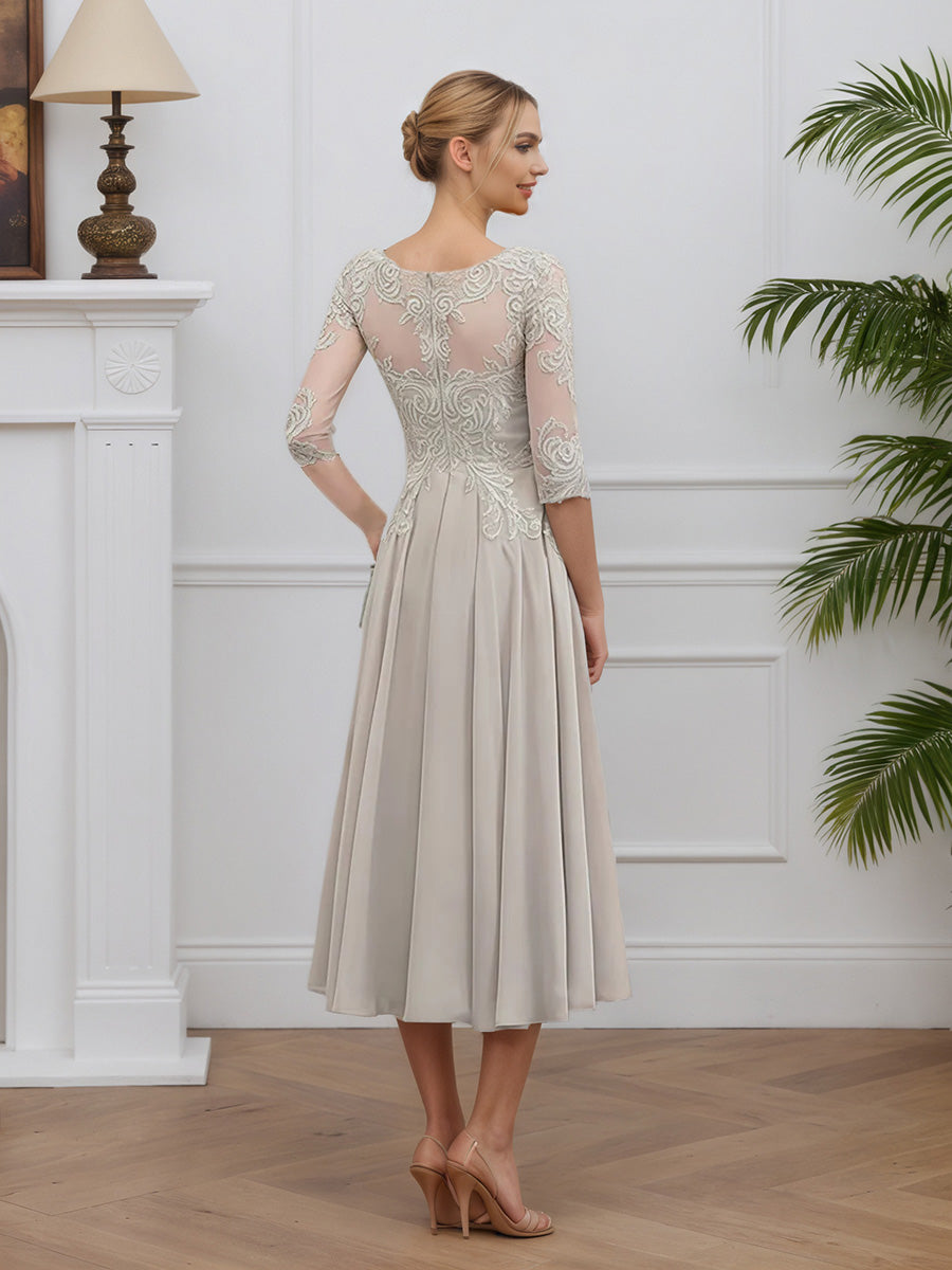 Cicinia Argent Robe pour Mère de la Mariée Longue en Mousseline et Dentelle A-Line Longueur Midi (Thé)