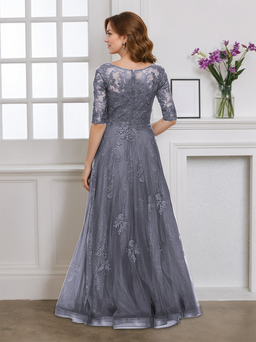 Cicinia Robe pour Mère de la Mariée GRIS ACIER Longue en Tulle Appliqués Dentelle Manches Demi-longues Longueur Sol